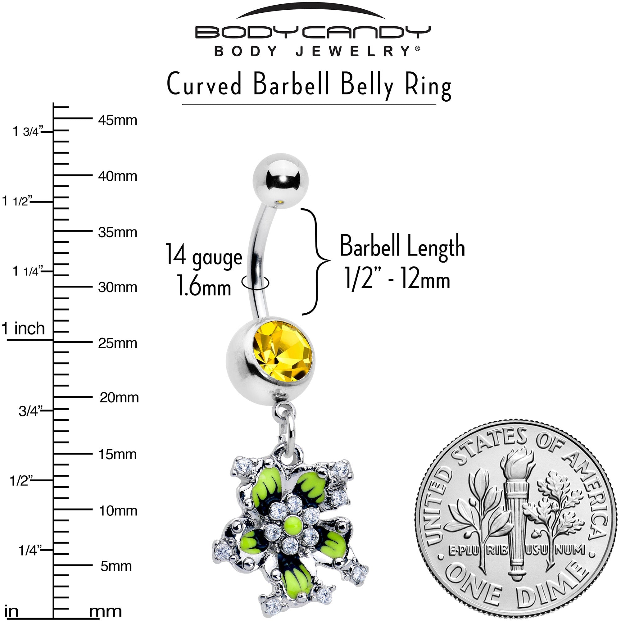BodyCandy Clear Yellow CZ Gem Go Green Flower Dangle Belly Ring — lifestyle context