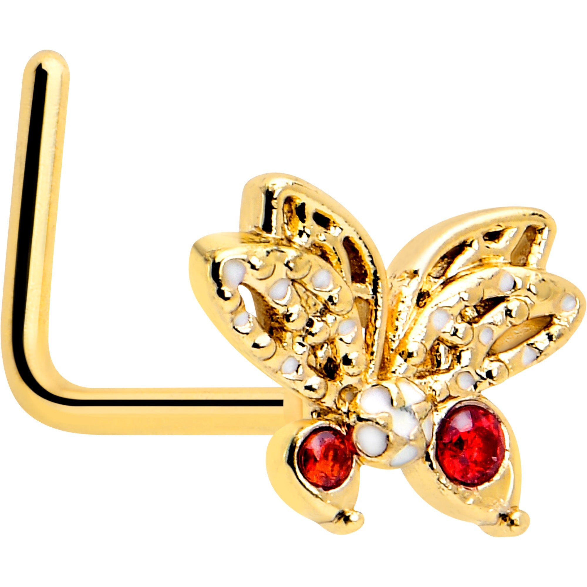 BodyCandy 20G 7mm Red CZ Gem Gold Tone Drama Butterfly L Shape Nose Ring — main product shot