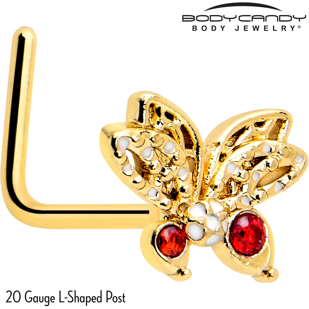 BodyCandy 20G 7mm Red CZ Gem Gold Tone Drama Butterfly L Shape Nose Ring — detail close-up