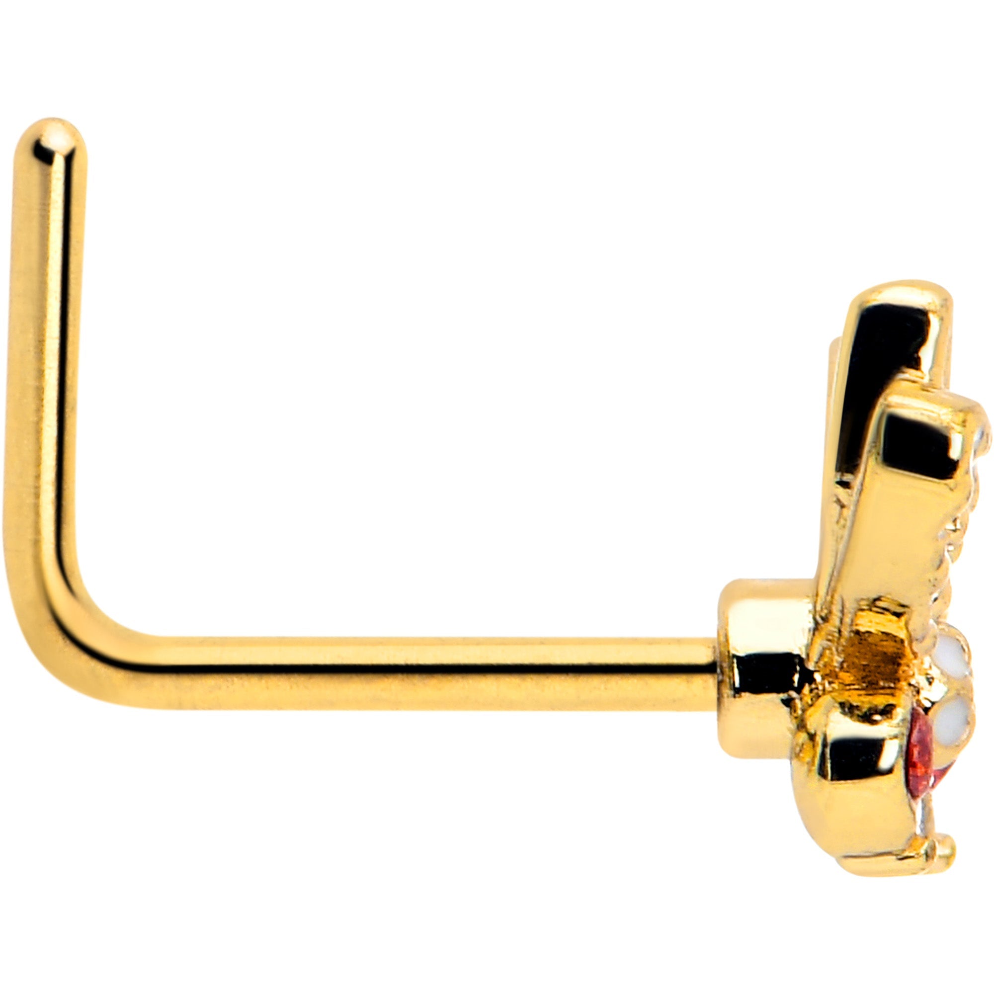 BodyCandy 20G 7mm Red CZ Gem Gold Tone Drama Butterfly L Shape Nose Ring — side view