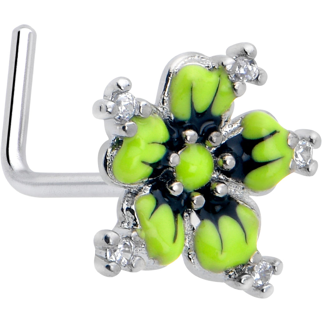 BodyCandy 20G 7mm Clear CZ Gem Go Green Flower L Shape Nose Ring — main product shot