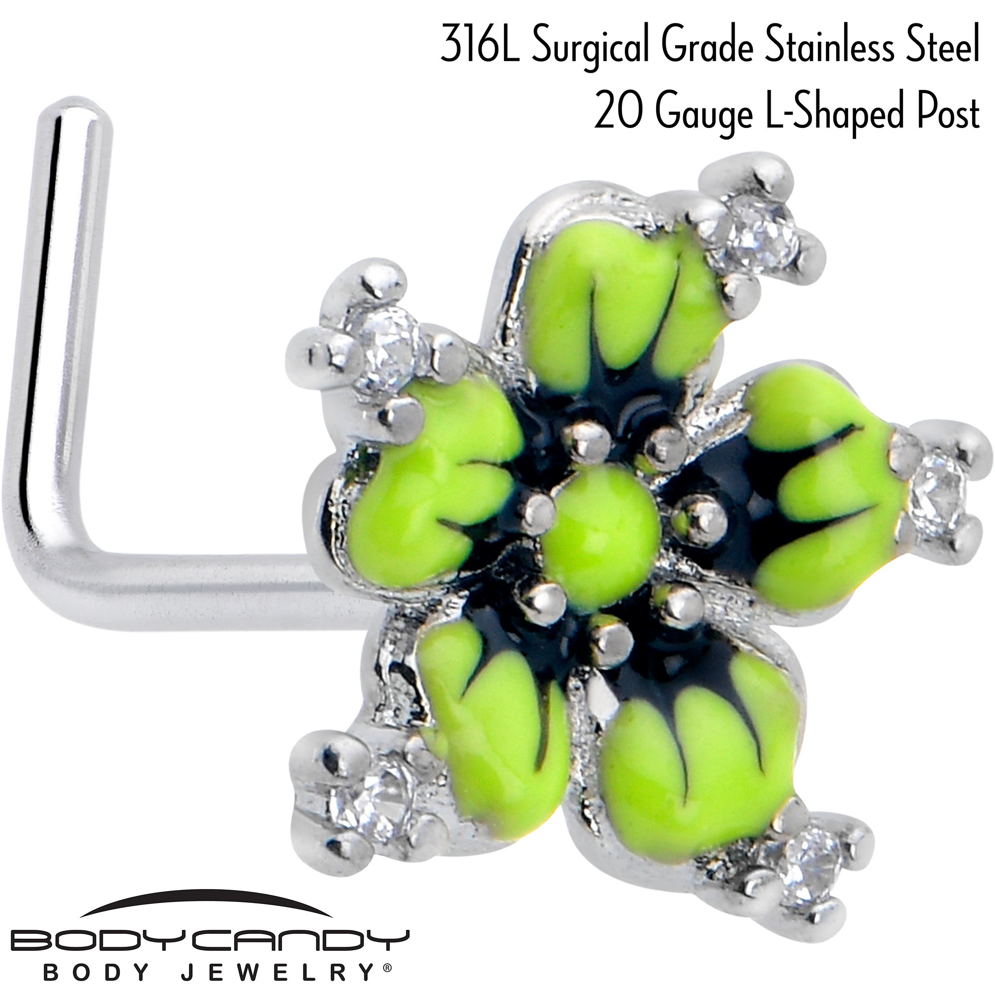 BodyCandy 20G 7mm Clear CZ Gem Go Green Flower L Shape Nose Ring — detail close-up