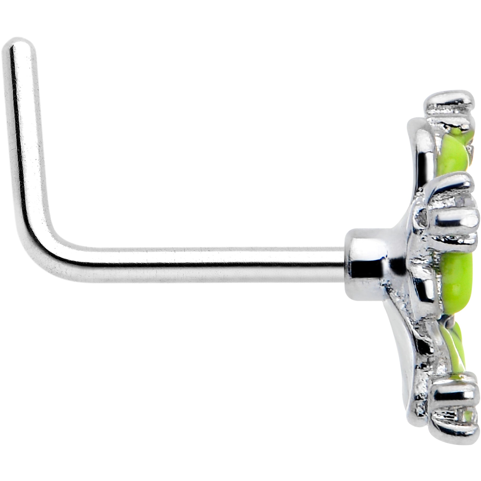 BodyCandy 20G 7mm Clear CZ Gem Go Green Flower L Shape Nose Ring — side view