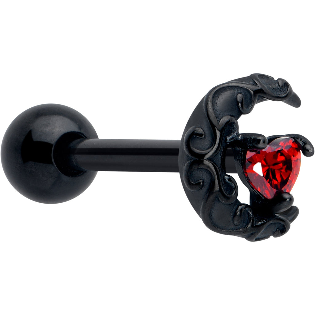 BodyCandy Red CZ Gem Black Scroll Moon Heart Barbell Tongue Ring — main product shot