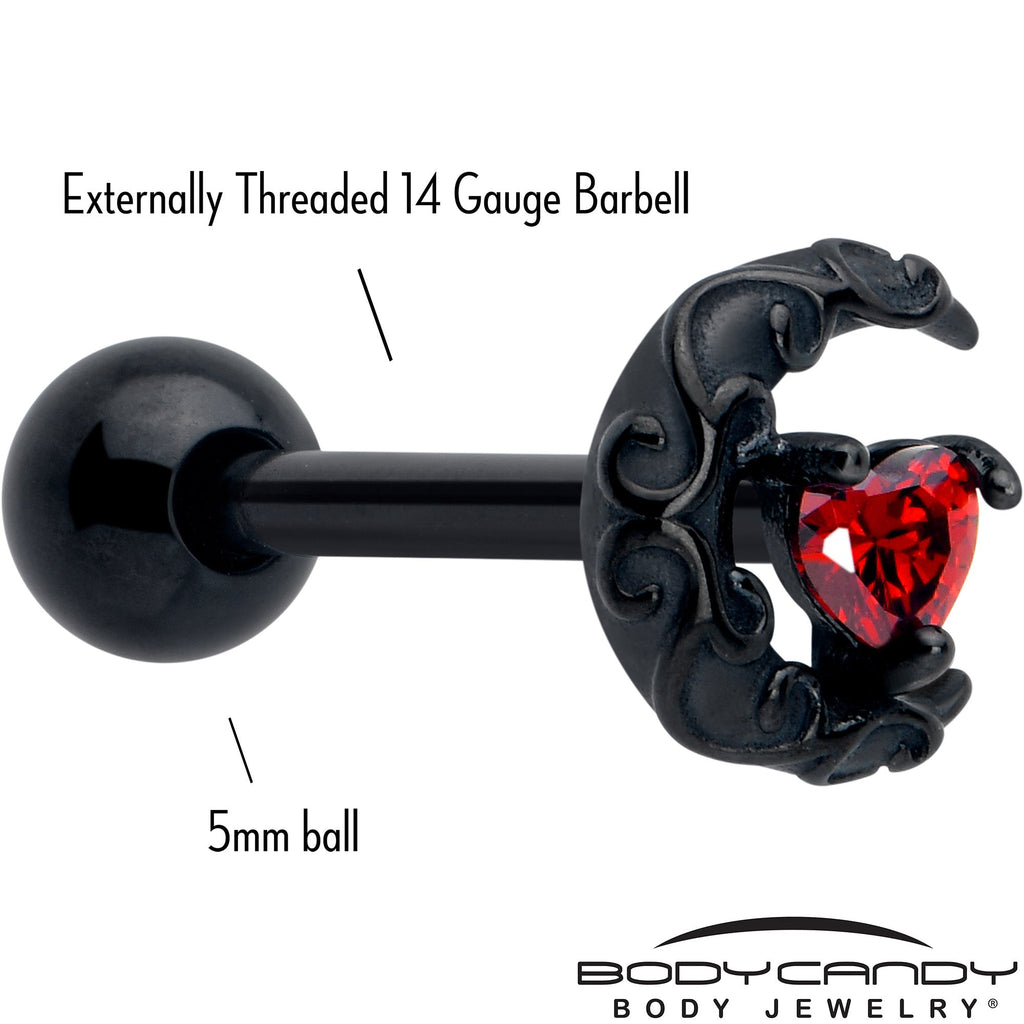 BodyCandy Red CZ Gem Black Scroll Moon Heart Barbell Tongue Ring — detail close-up