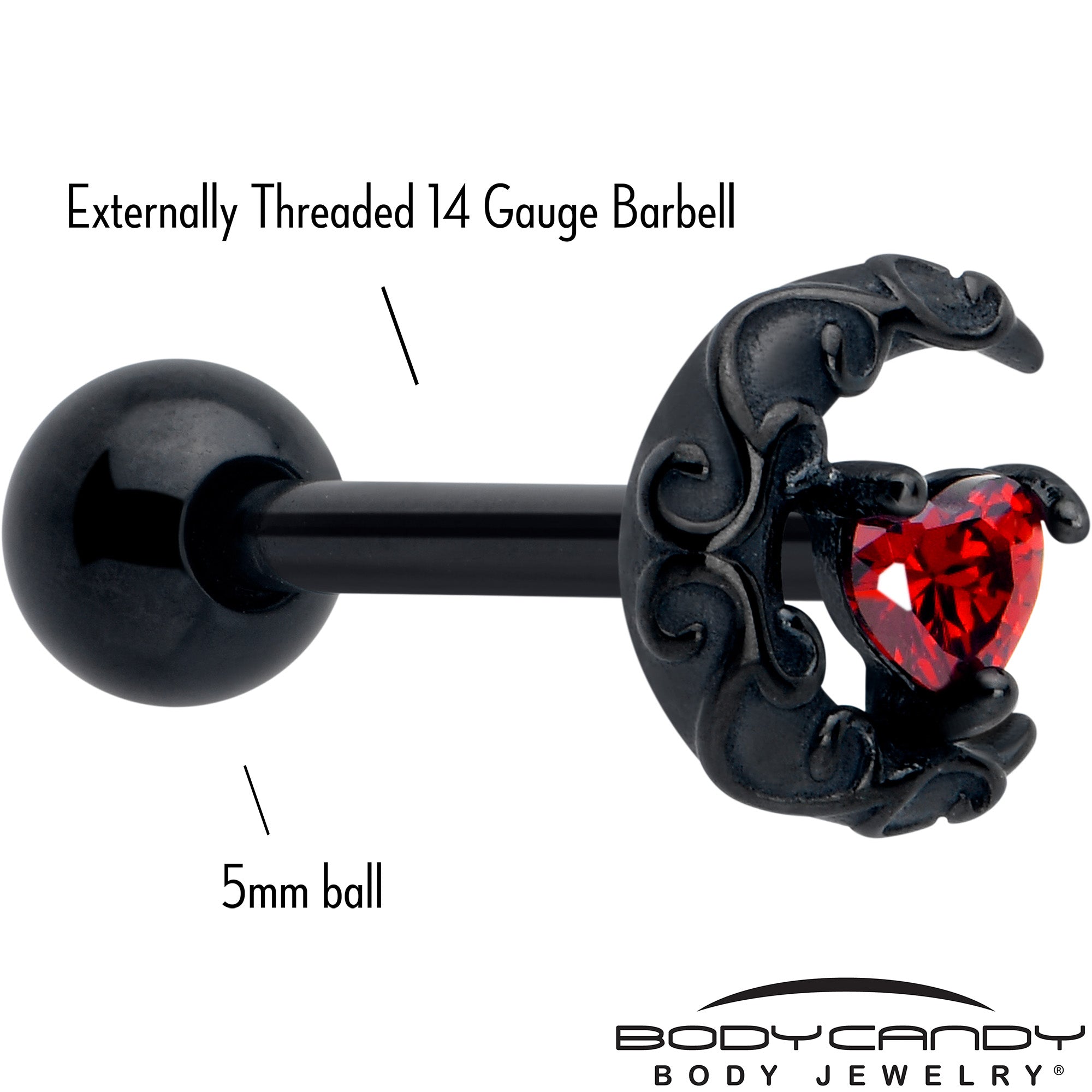BodyCandy Red CZ Gem Black Scroll Moon Heart Barbell Tongue Ring — detail close-up