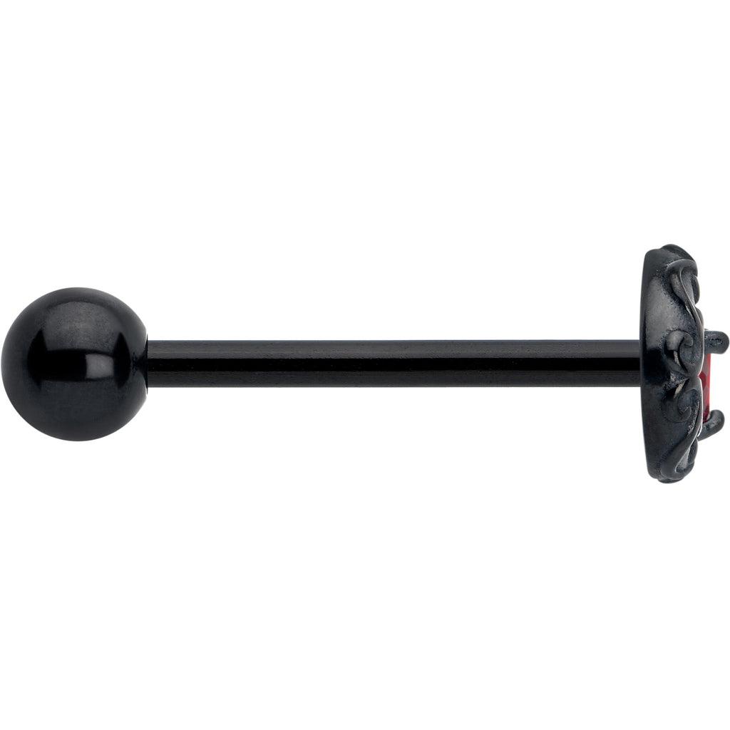BodyCandy Red CZ Gem Black Scroll Moon Heart Barbell Tongue Ring — side view