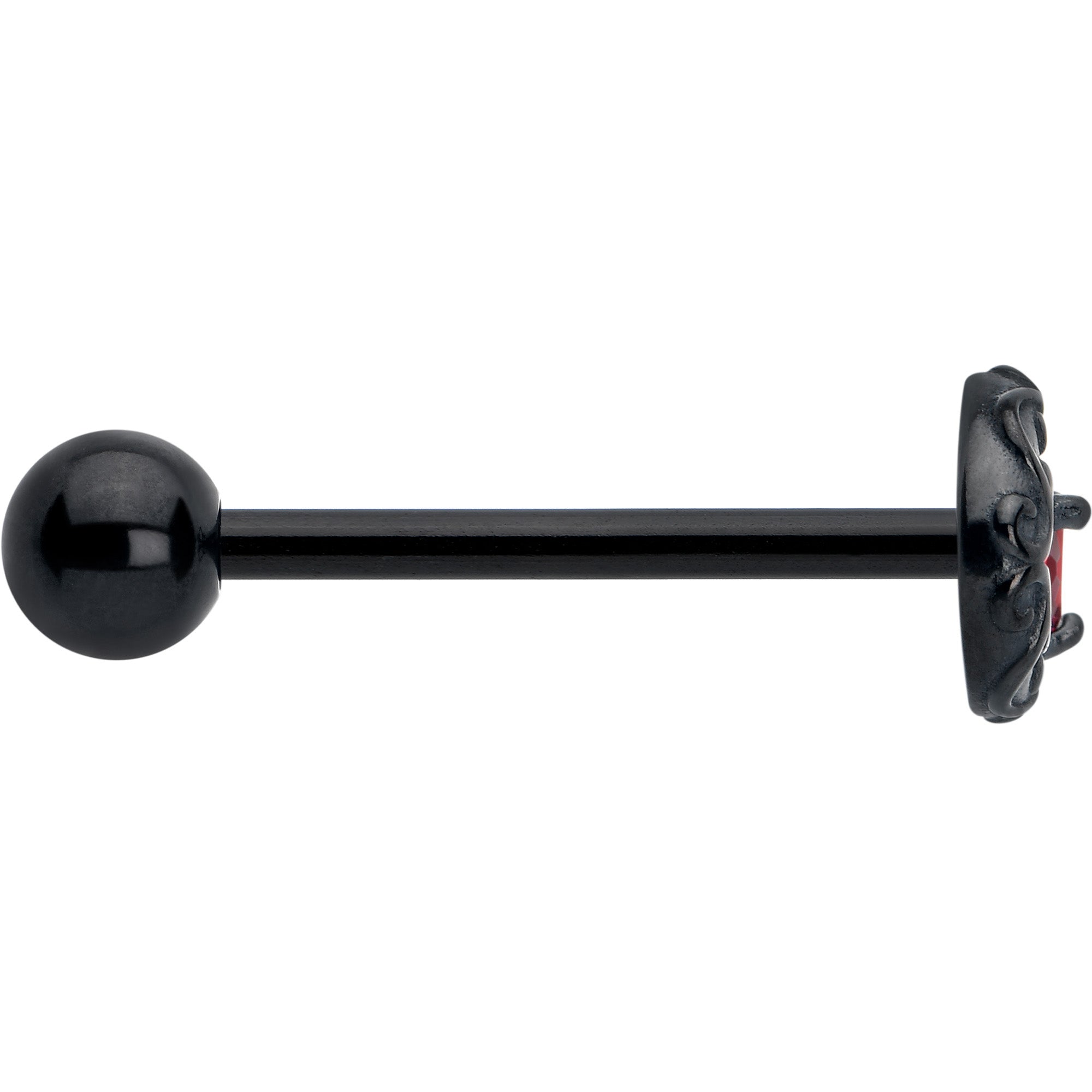 BodyCandy Red CZ Gem Black Scroll Moon Heart Barbell Tongue Ring — side view