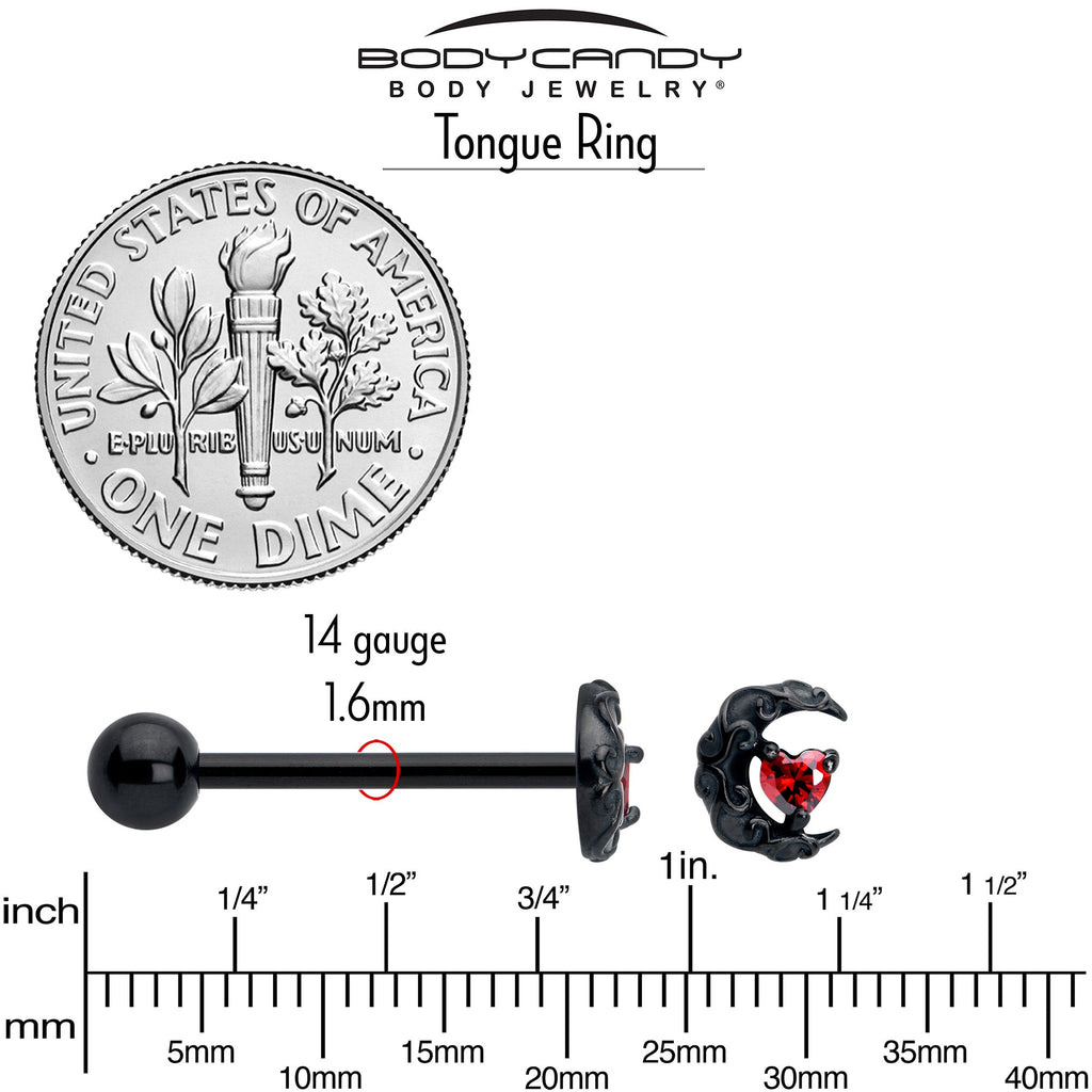 BodyCandy Red CZ Gem Black Scroll Moon Heart Barbell Tongue Ring — back view