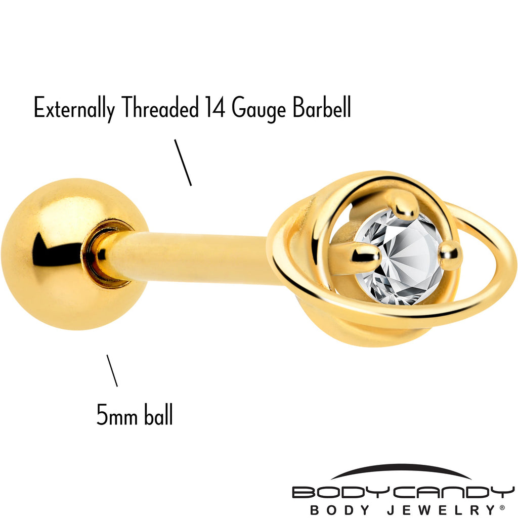 BodyCandy Clear CZ Gem Gold Tone Stylish Saturn Barbell Tongue Ring — detail close-up