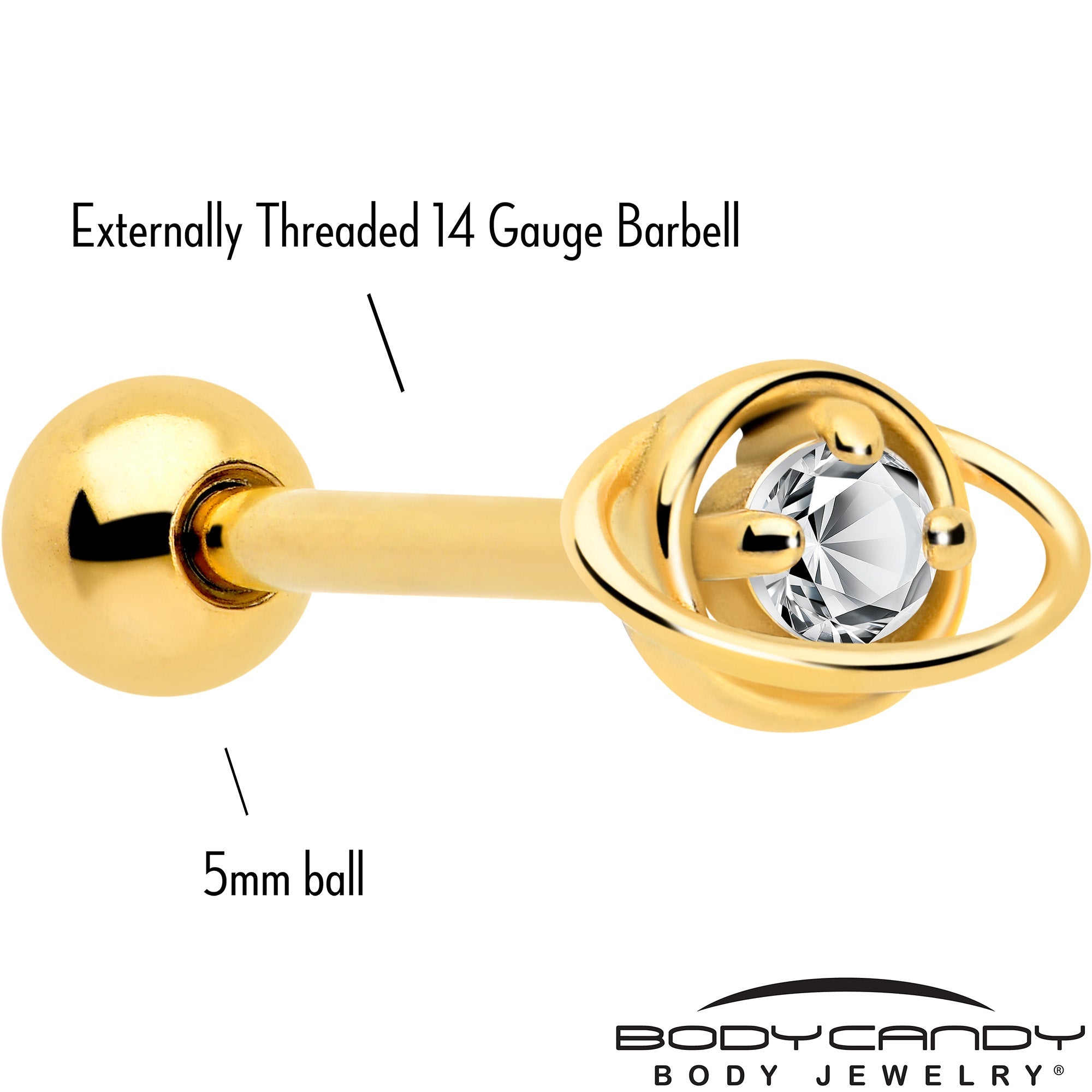BodyCandy Clear CZ Gem Gold Tone Stylish Saturn Barbell Tongue Ring — detail close-up