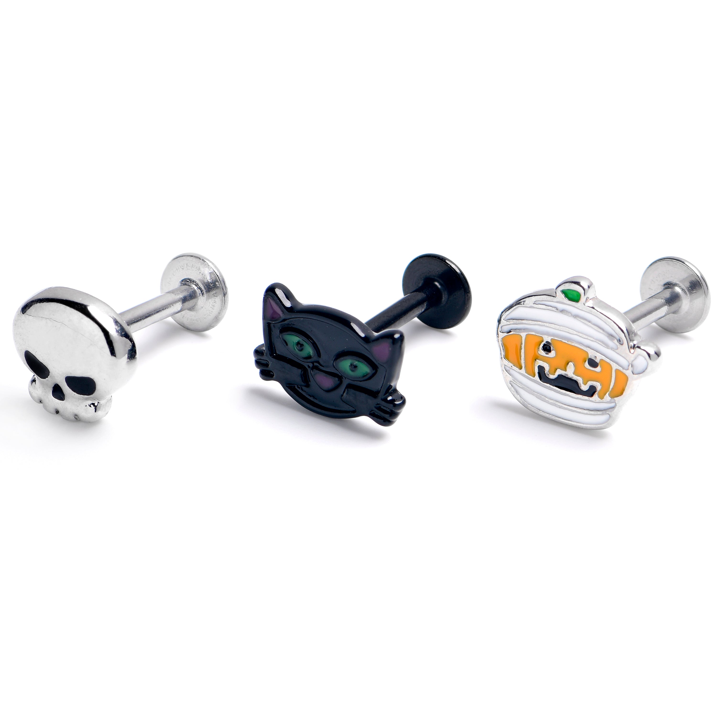 BodyCandy 16G 5/16 Black Cat Skull Halloween Labret Monroe Tragus Set of3 — main product shot