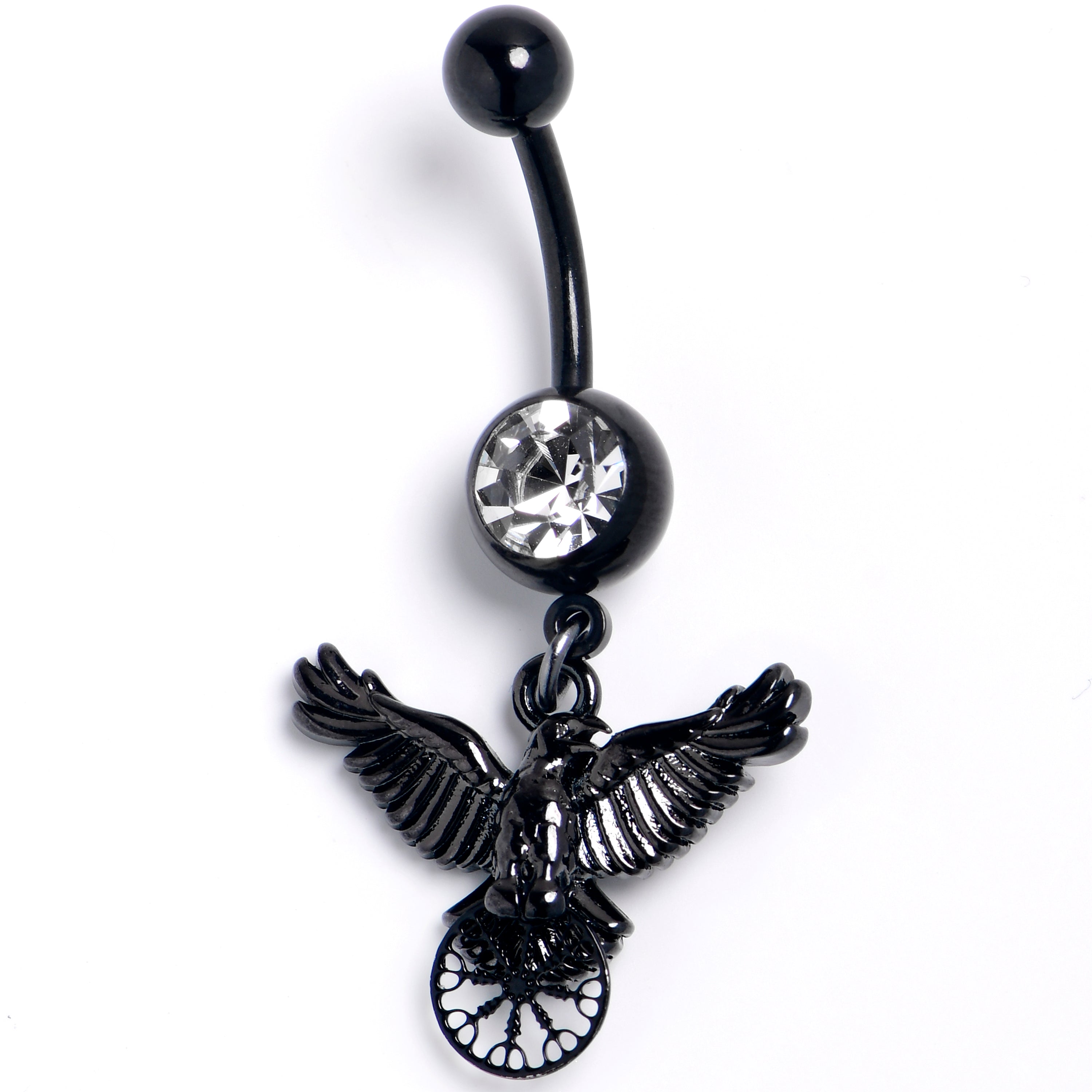 BodyCandy Clear Gem Black Raven Bird Wheel Dangle Belly Ring — main product shot