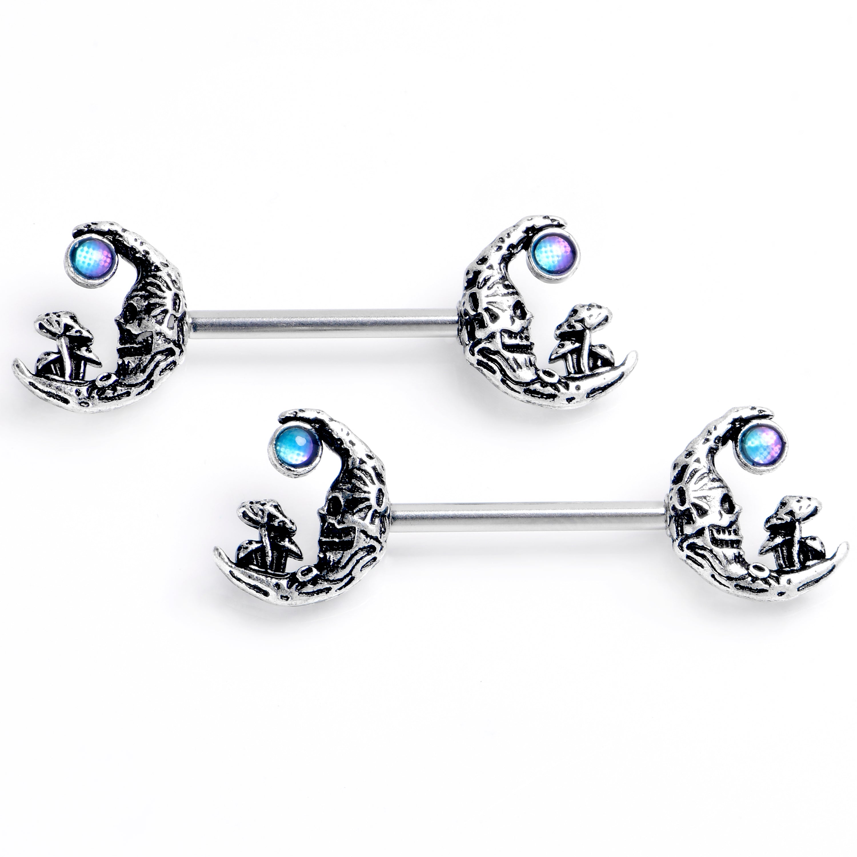 BodyCandy 14G 9/16 Mushrooms on the Moon Blue Barbell Nipple Ring Set — main product shot