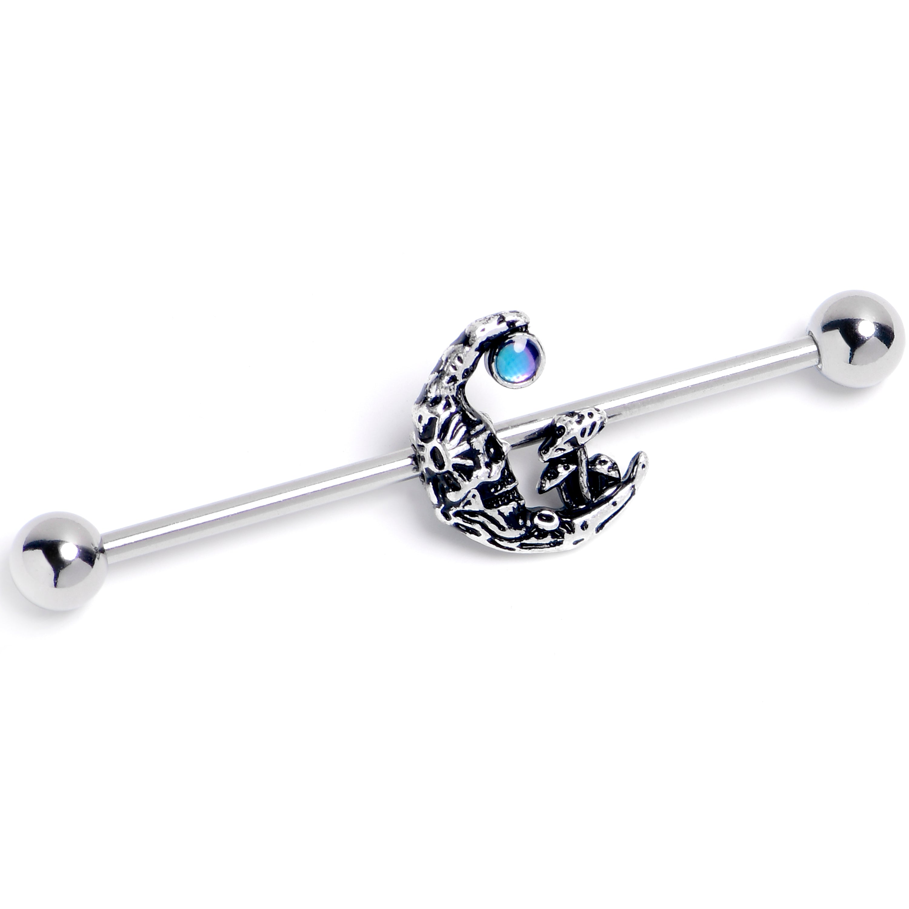 BodyCandy 14G Mushrooms on the Moon Blue Industrial Barbell 38mm — main product shot