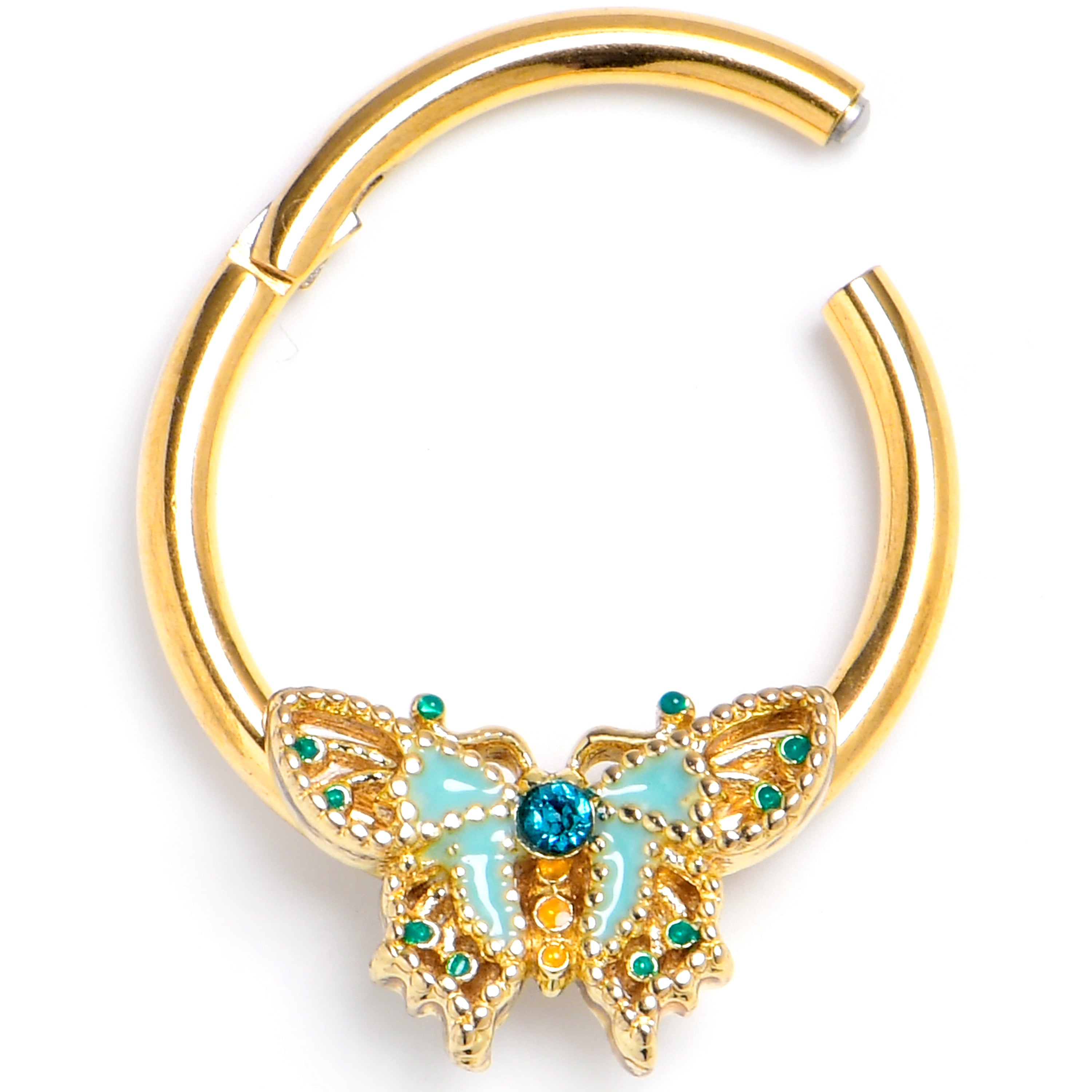 BodyCandy 16G 3/8 Blue Gem Gold Tone Rococo Butterfly Hinged Segment Ring — main product shot