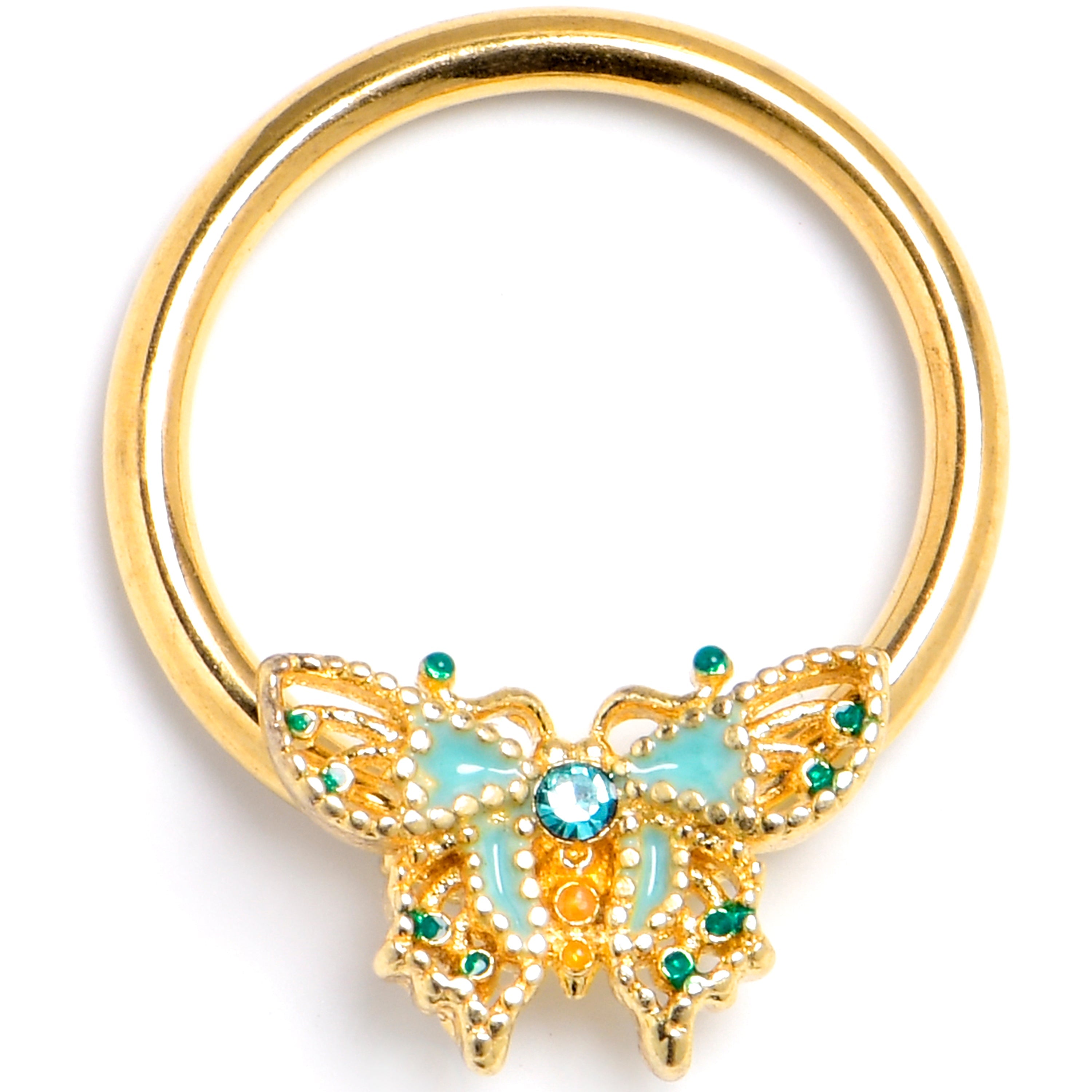 BodyCandy 16G 3/8 Blue Gem Gold Tone Rococo Butterfly BCR Captive Ring — main product shot