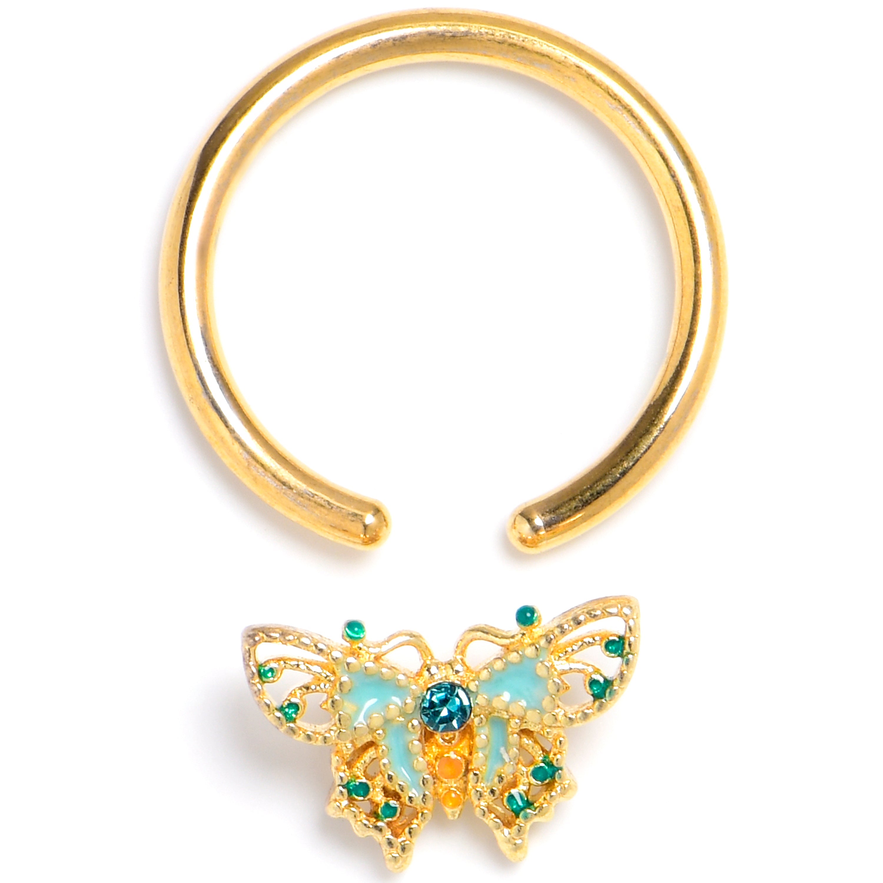 BodyCandy 16G 3/8 Blue Gem Gold Tone Rococo Butterfly BCR Captive Ring — detail close-up