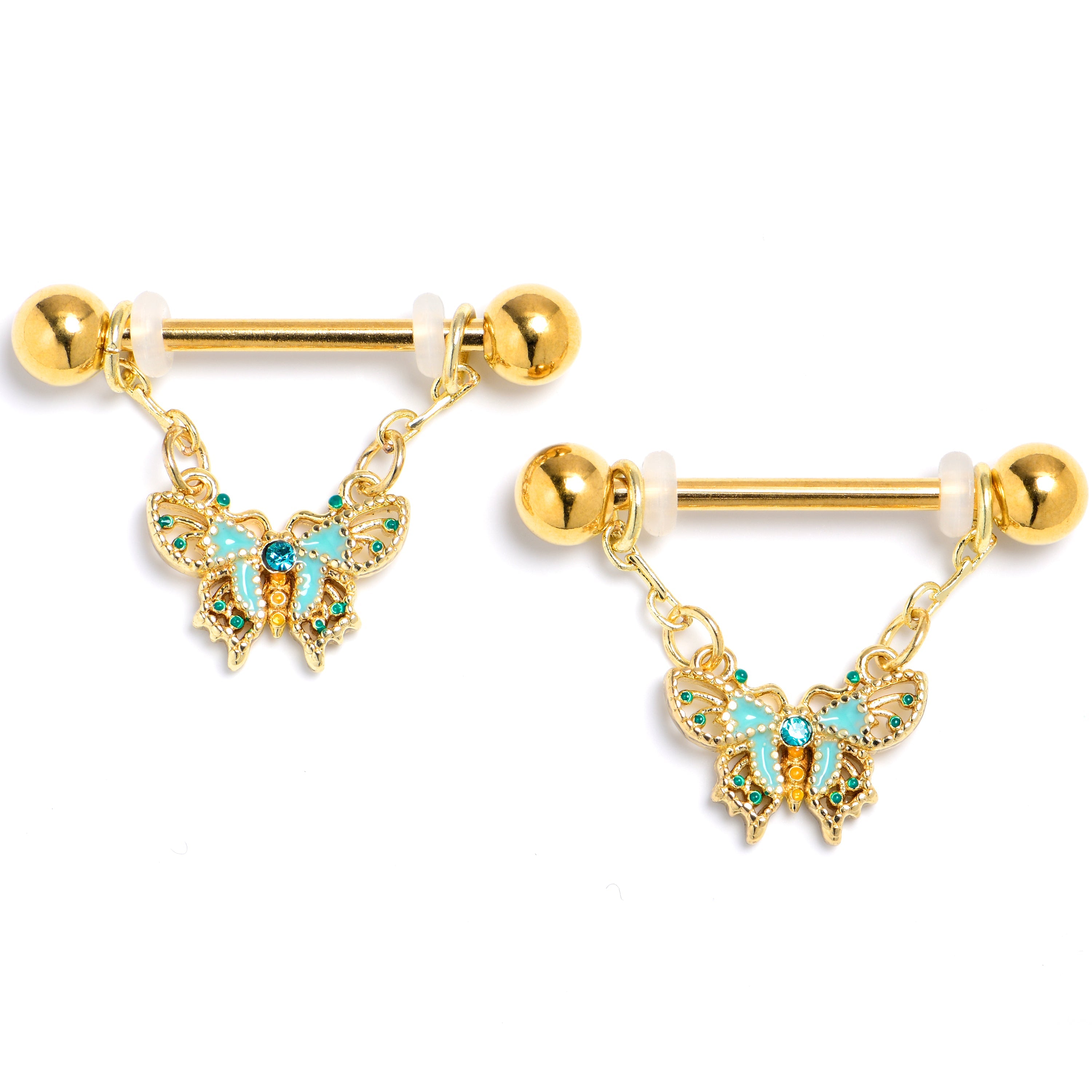 BodyCandy 14G 9/16 Blue Gem Gold Hue Rococo Butterfly Dangle Nipple Ring Set — main product shot