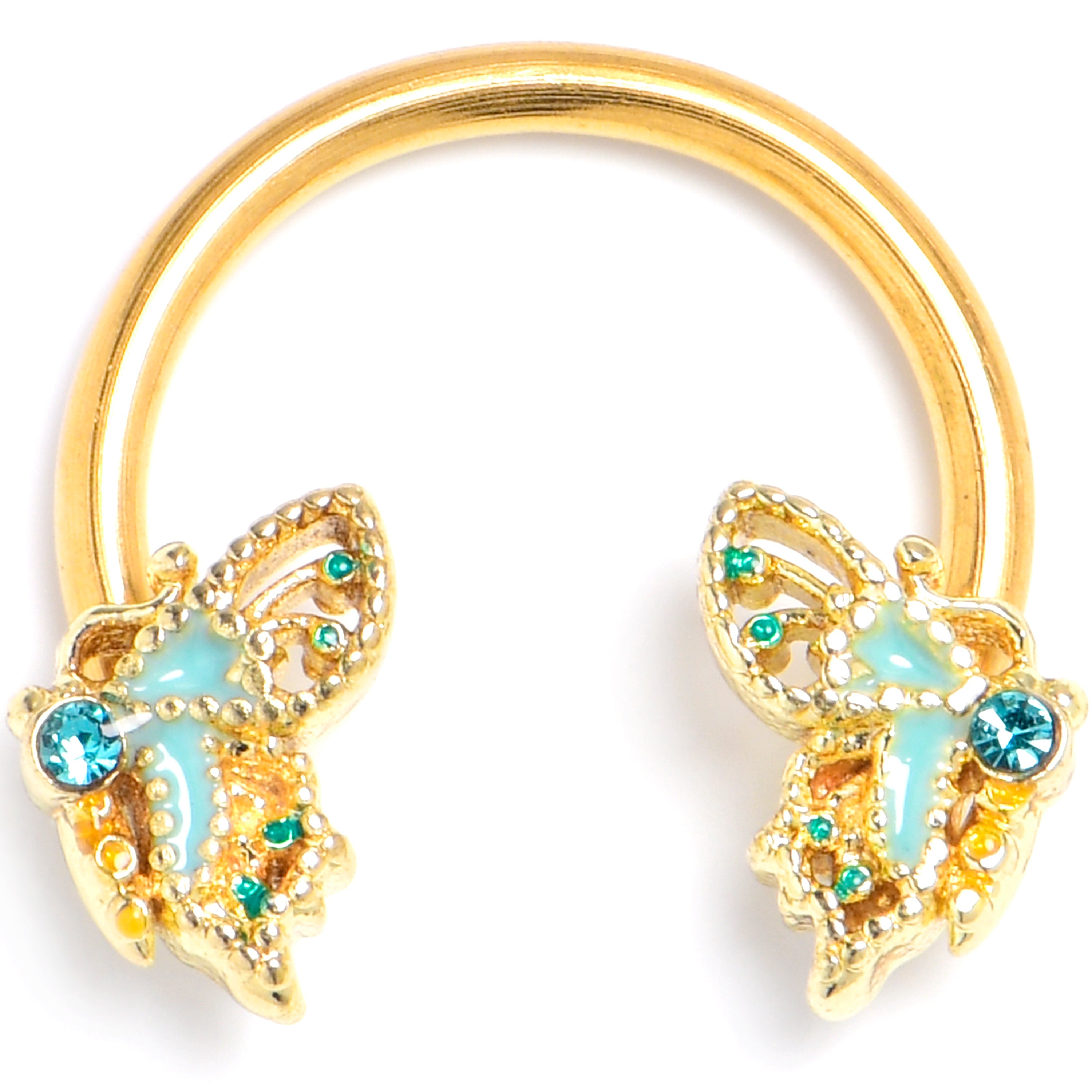 BodyCandy 16G 3/8 Blue Gem Gold Hue Rococo Butterfly Horseshoe Circular Barbell — main product shot