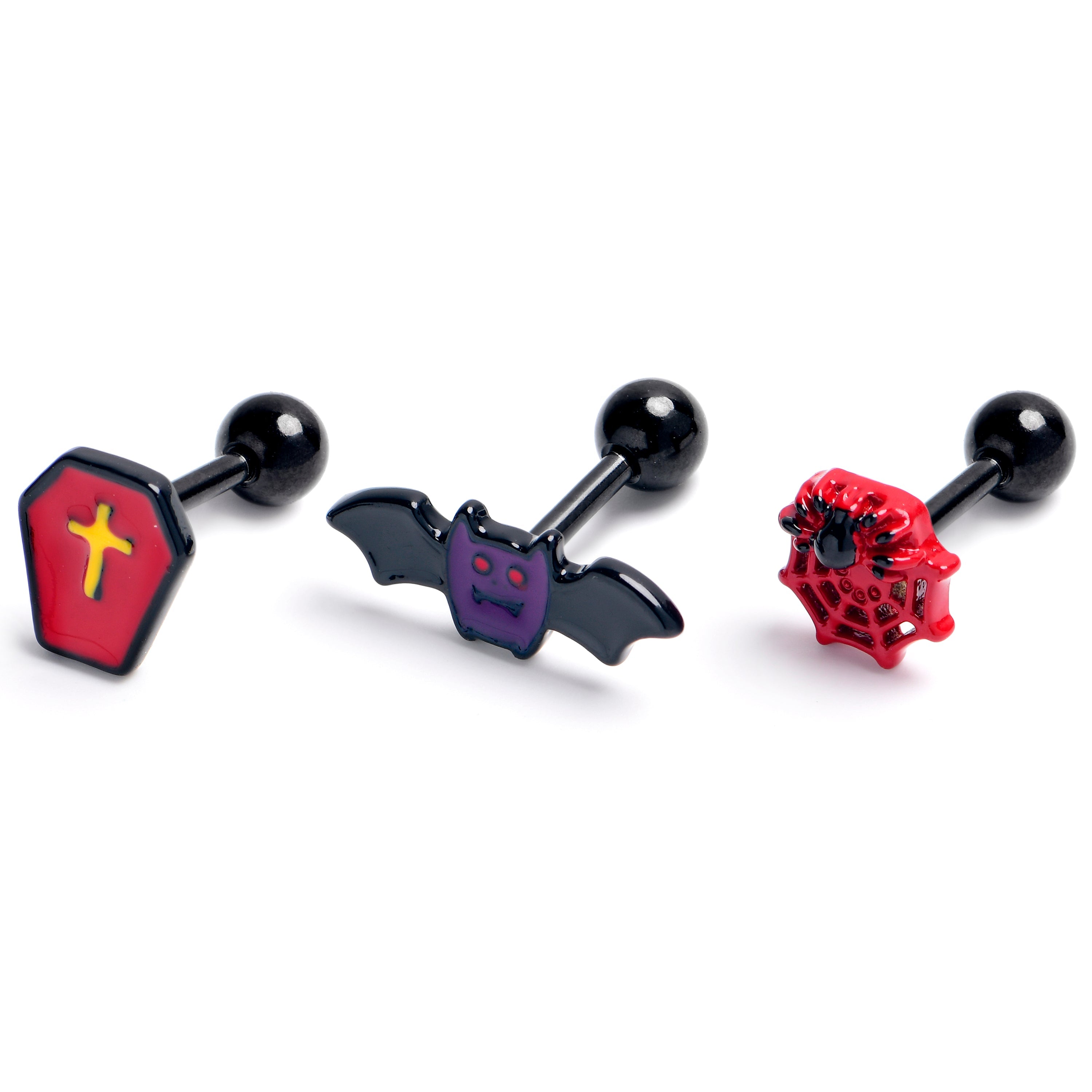 BodyCandy 16G 1/4 Black Coffin Bat Halloween Cartilage Tragus Earring Set of3 — main product shot