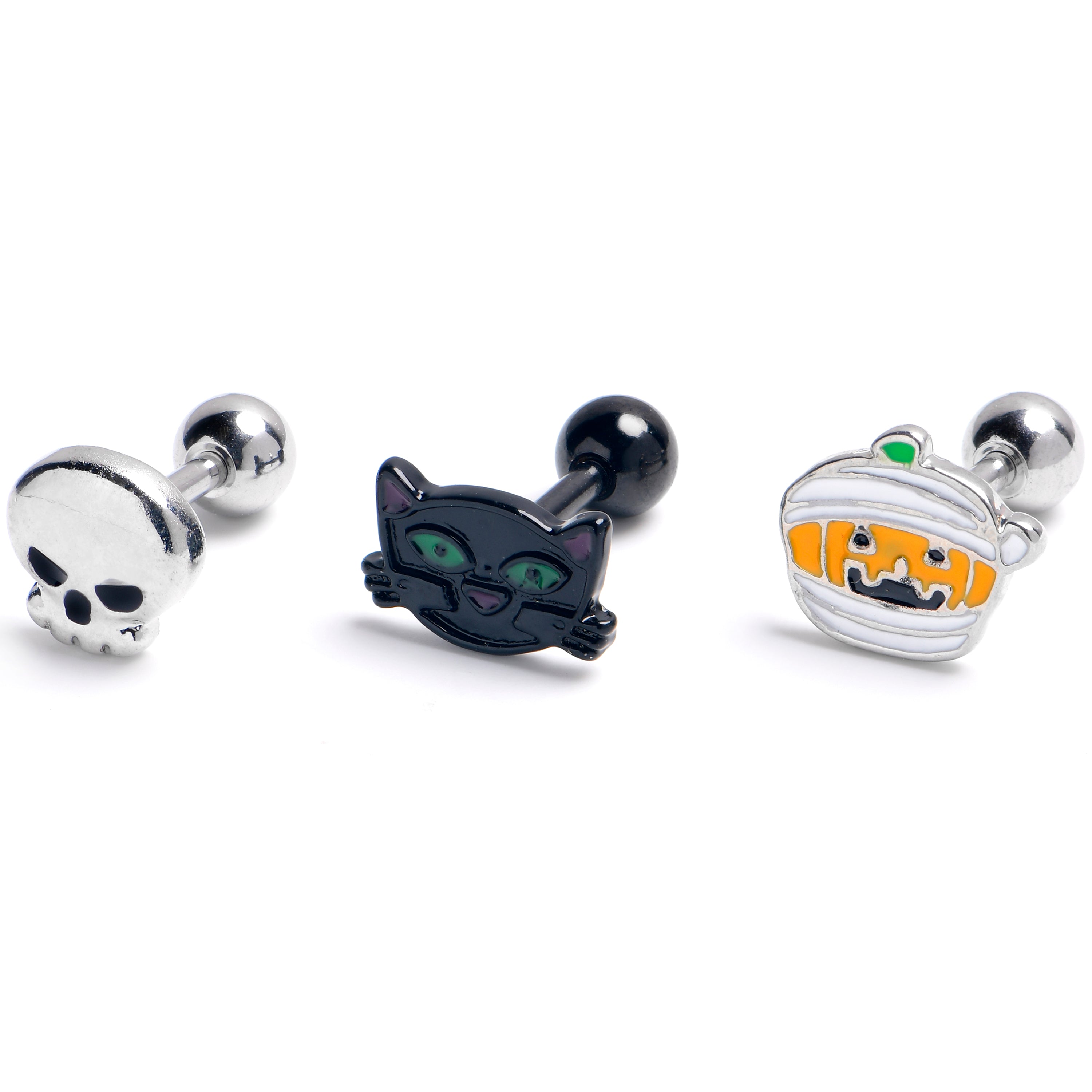 BodyCandy 16G 1/4 Black Cat Skull Halloween Cartilage Tragus Earring Set of3 — main product shot
