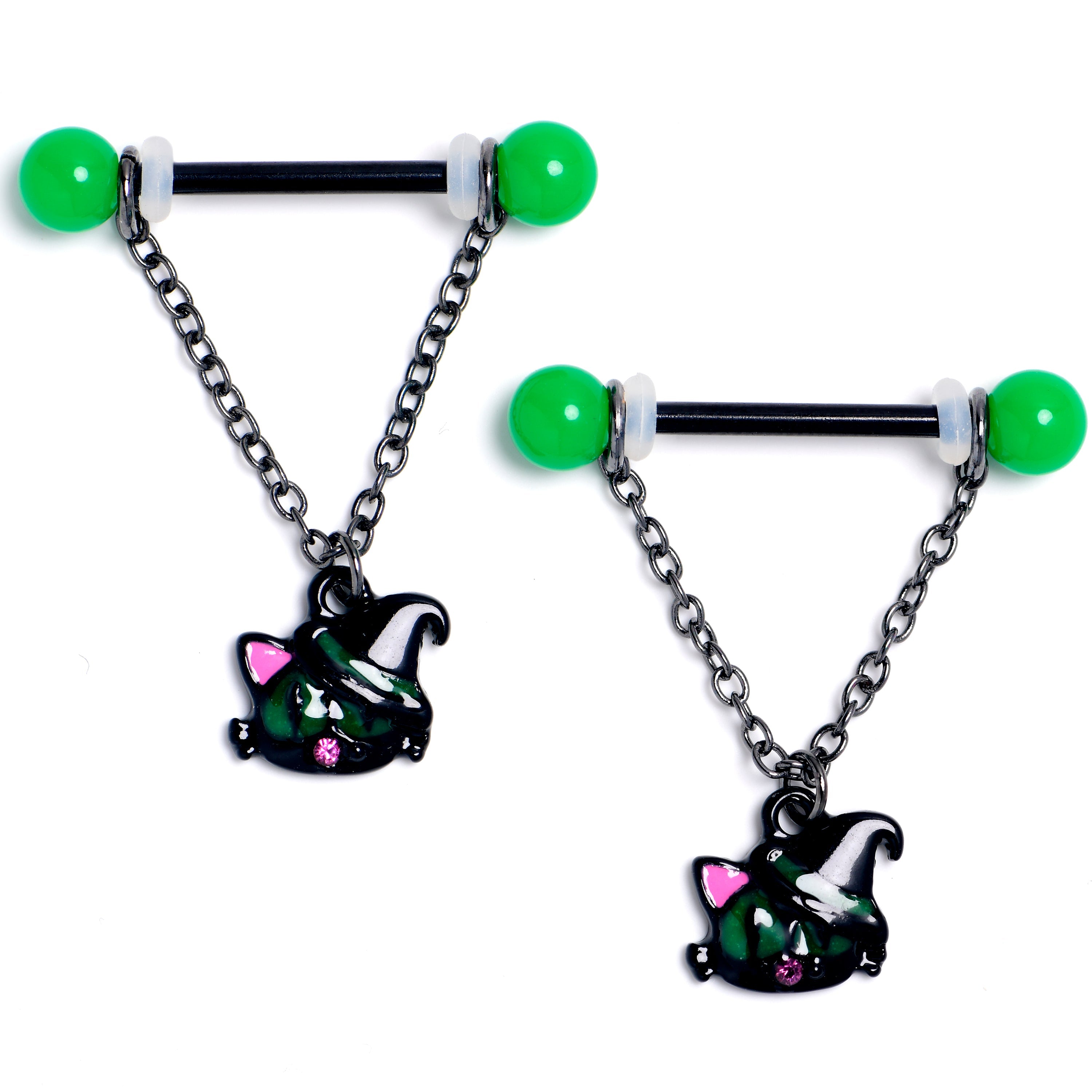 BodyCandy 14G 9/16 Pink Gem Black Halloween Hat Cat Dangle Nipple Ring Set — main product shot
