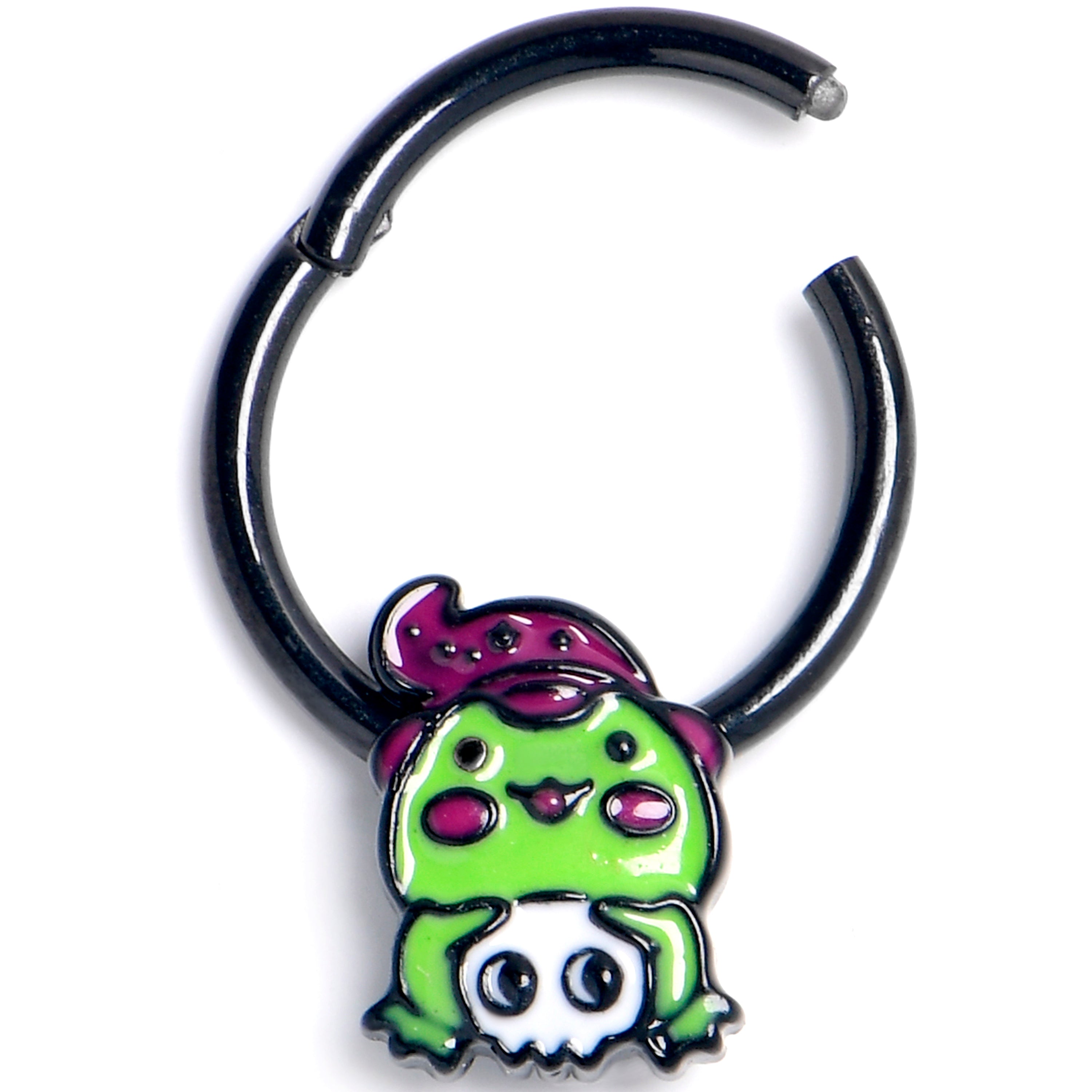BodyCandy 16G 3/8 Black Witch Frog Skull Halloween Hinged Segment Ring — main product shot