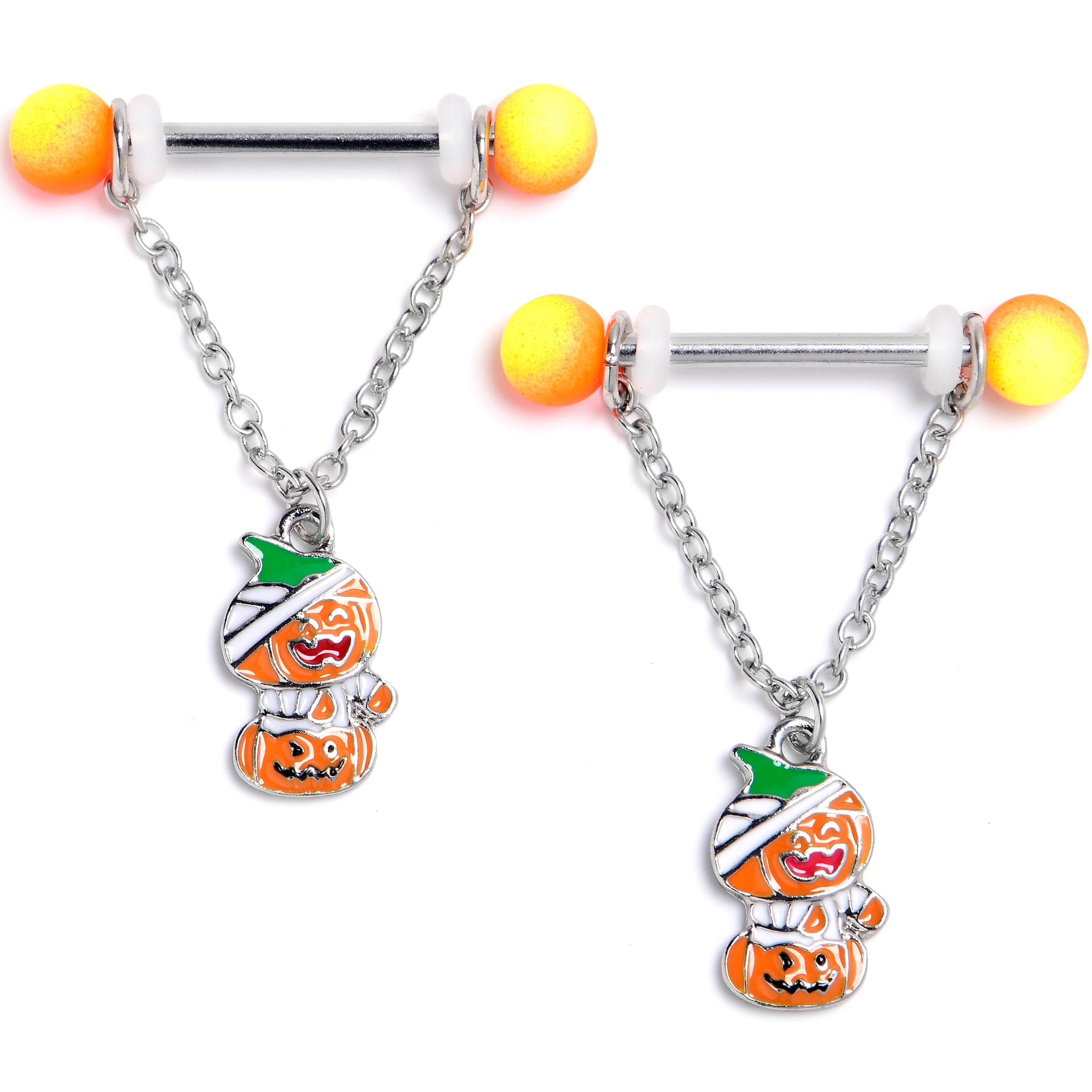 BodyCandy 14G 9/16 Mummy Pumpkin Jack OLantern Chain Dangle Nipple Ring Set — main product shot