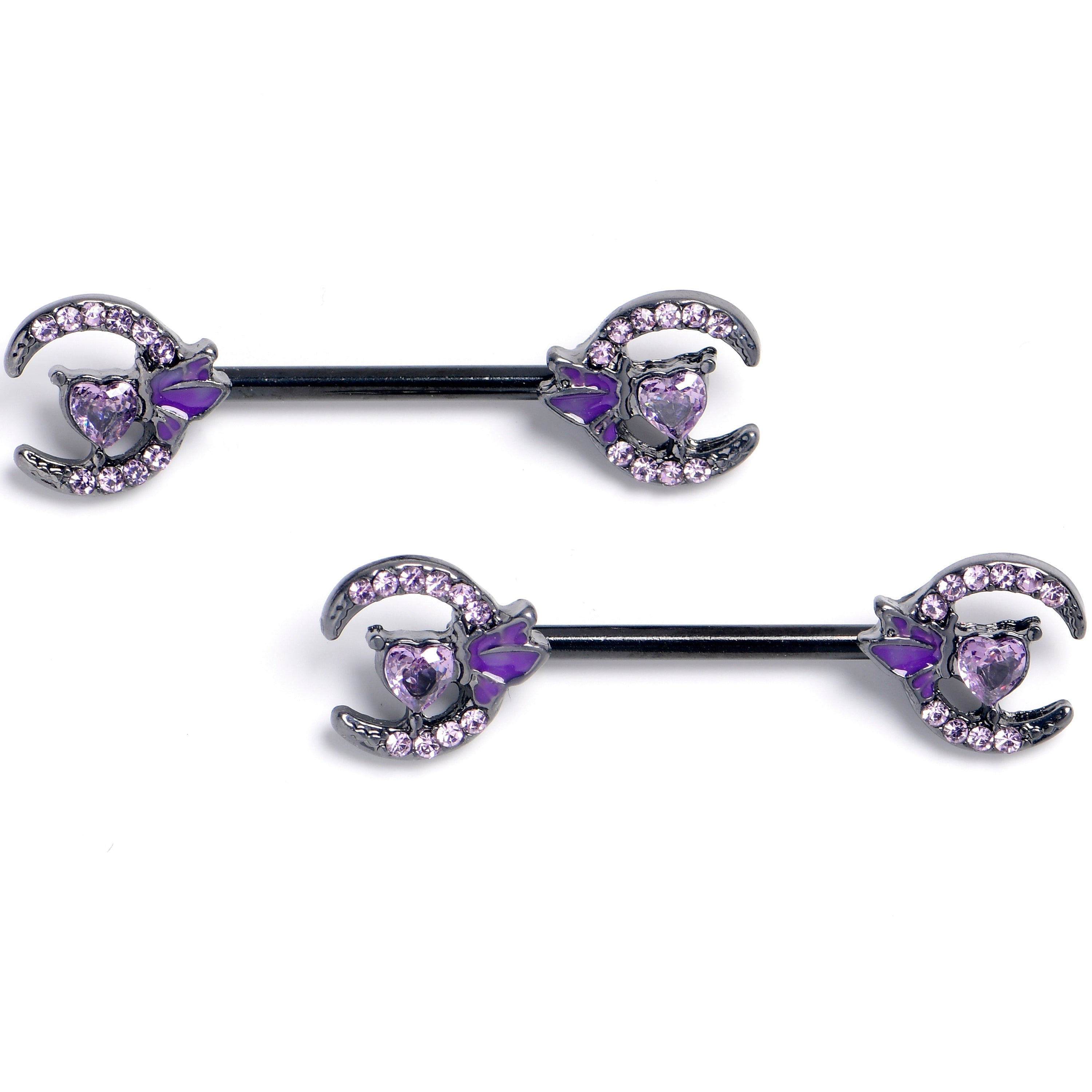BodyCandy 14G 9/16 Purple Gem Black Butterfly Heart Moon Nipple Ring Set — main product shot