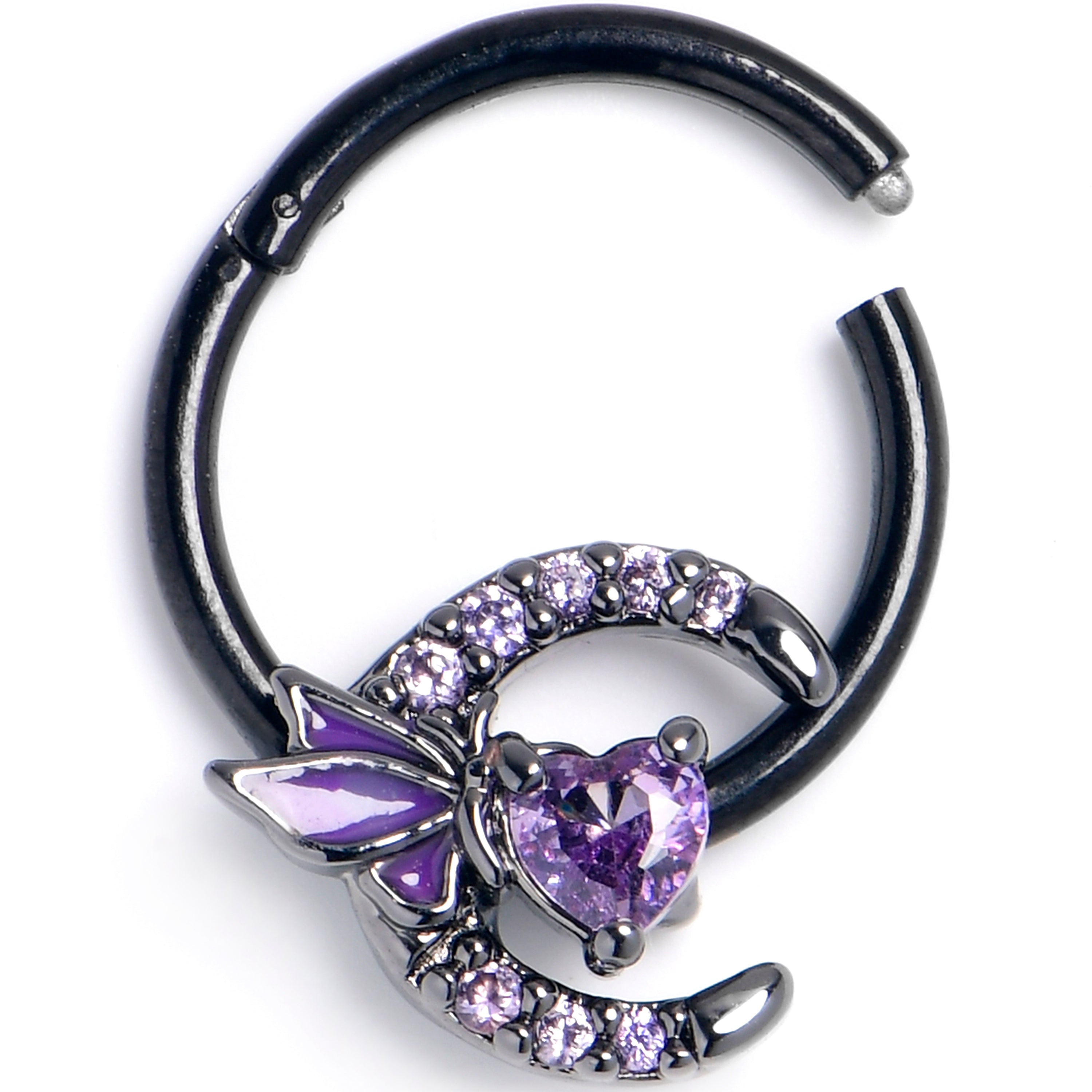 BodyCandy 16G 3/8 Purple Gem Black Butterfly Heart Moon Hinged Segment Ring — main product shot