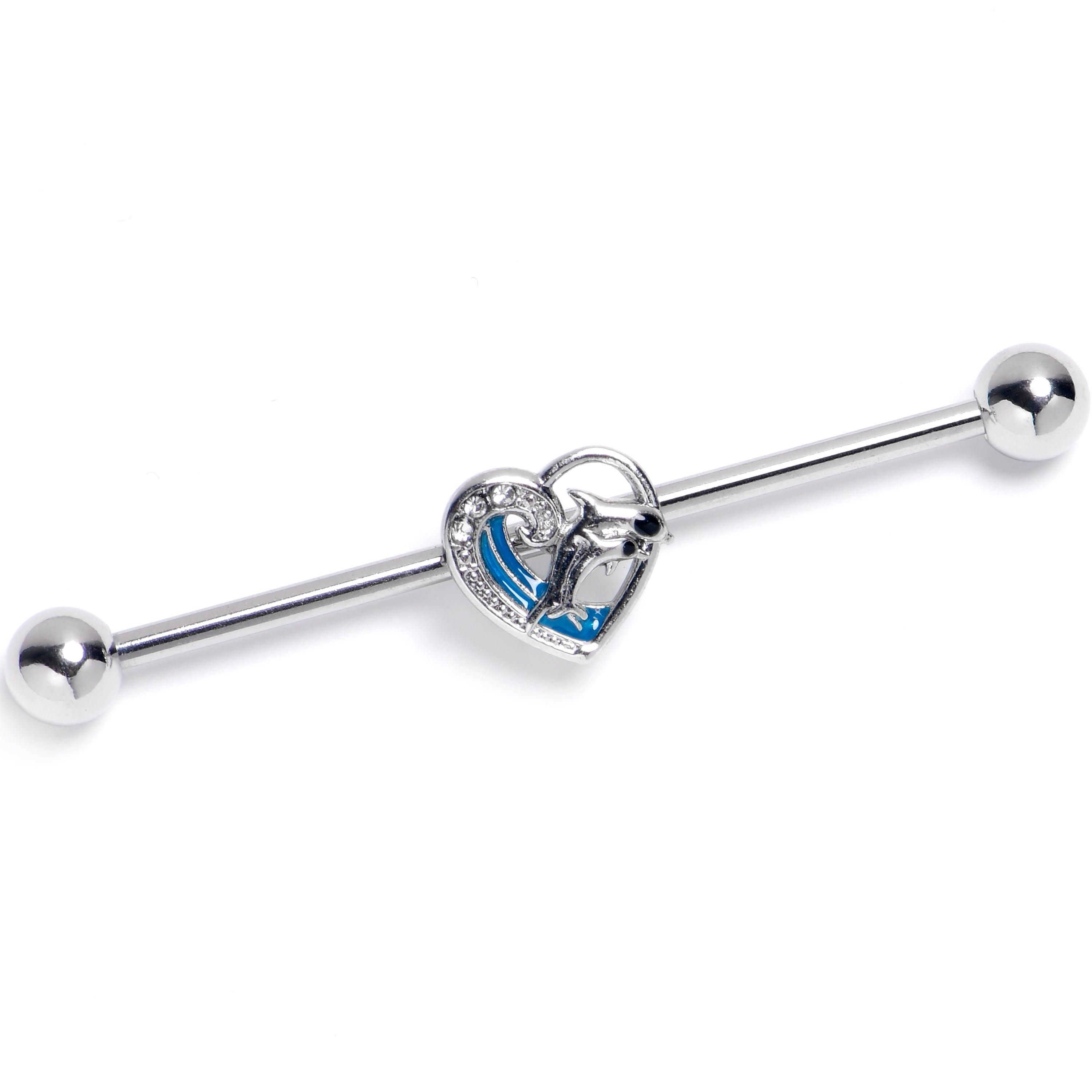 BodyCandy 14G Clear Gem Dolphin Heart Delight Industrial Barbell 38mm — main product shot