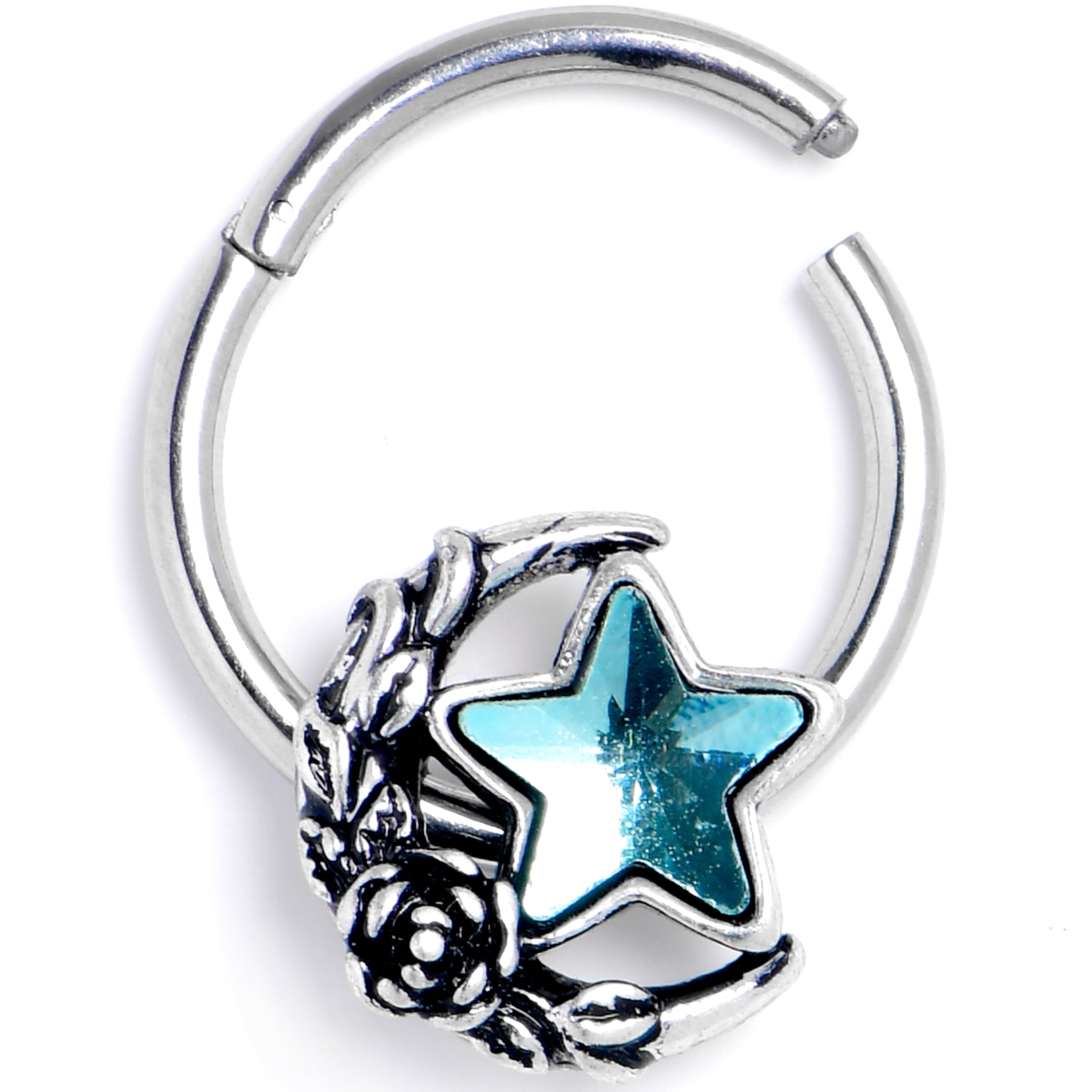 BodyCandy 16G 3/8 Blue Gem Ornate Moon Star Hinged Segment Ring — main product shot