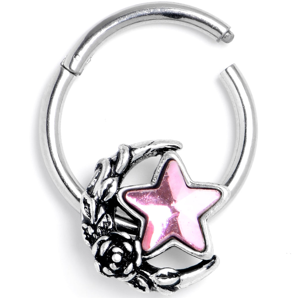 BodyCandy 16G 3/8 Pink Gem Ornate Moon Star Hinged Segment Ring — main product shot