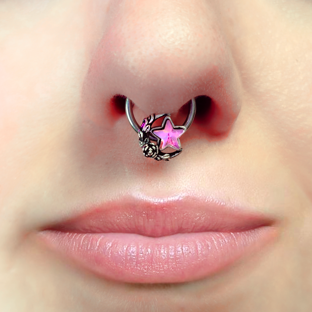 BodyCandy 16G 3/8 Pink Gem Ornate Moon Star Hinged Segment Ring — detail close-up