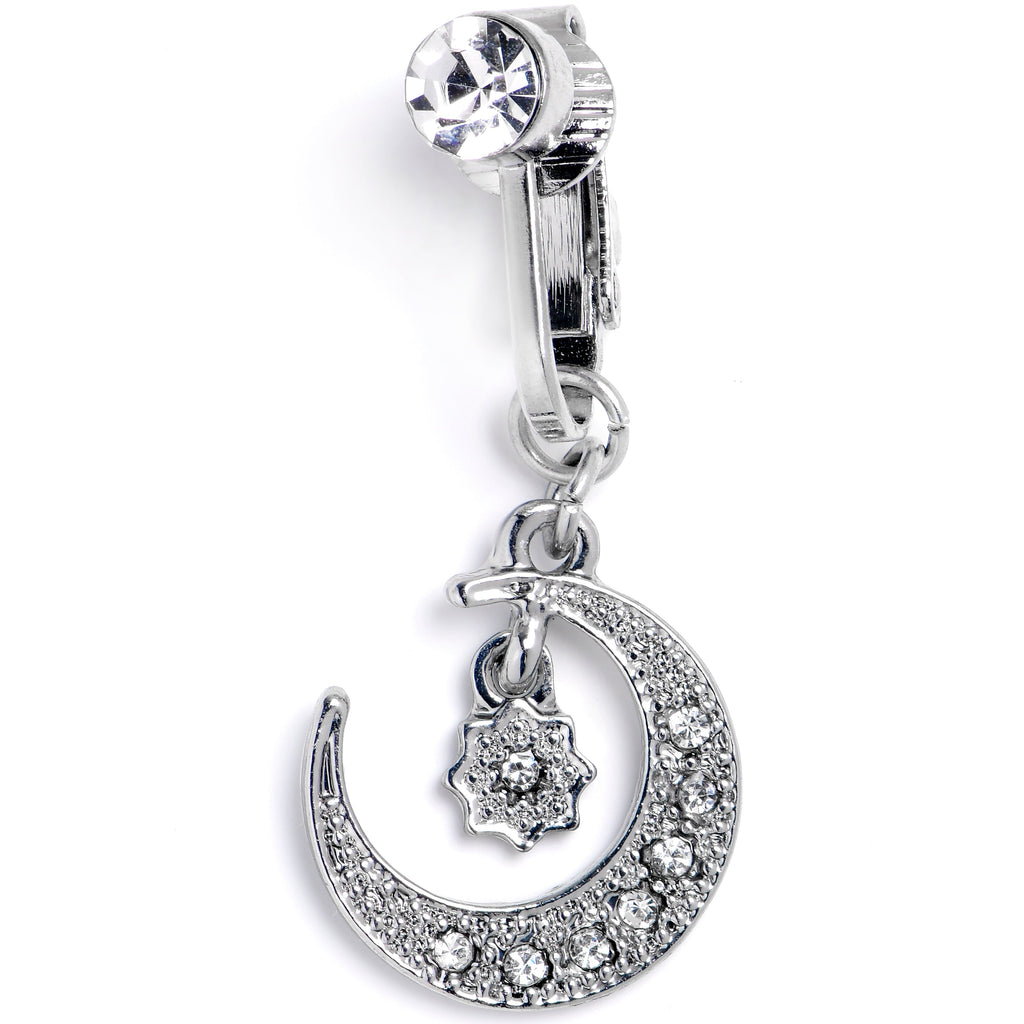 BodyCandy Clear CZ Gem Moon and Star Dangle Clip on Fake Belly Ring — main product shot