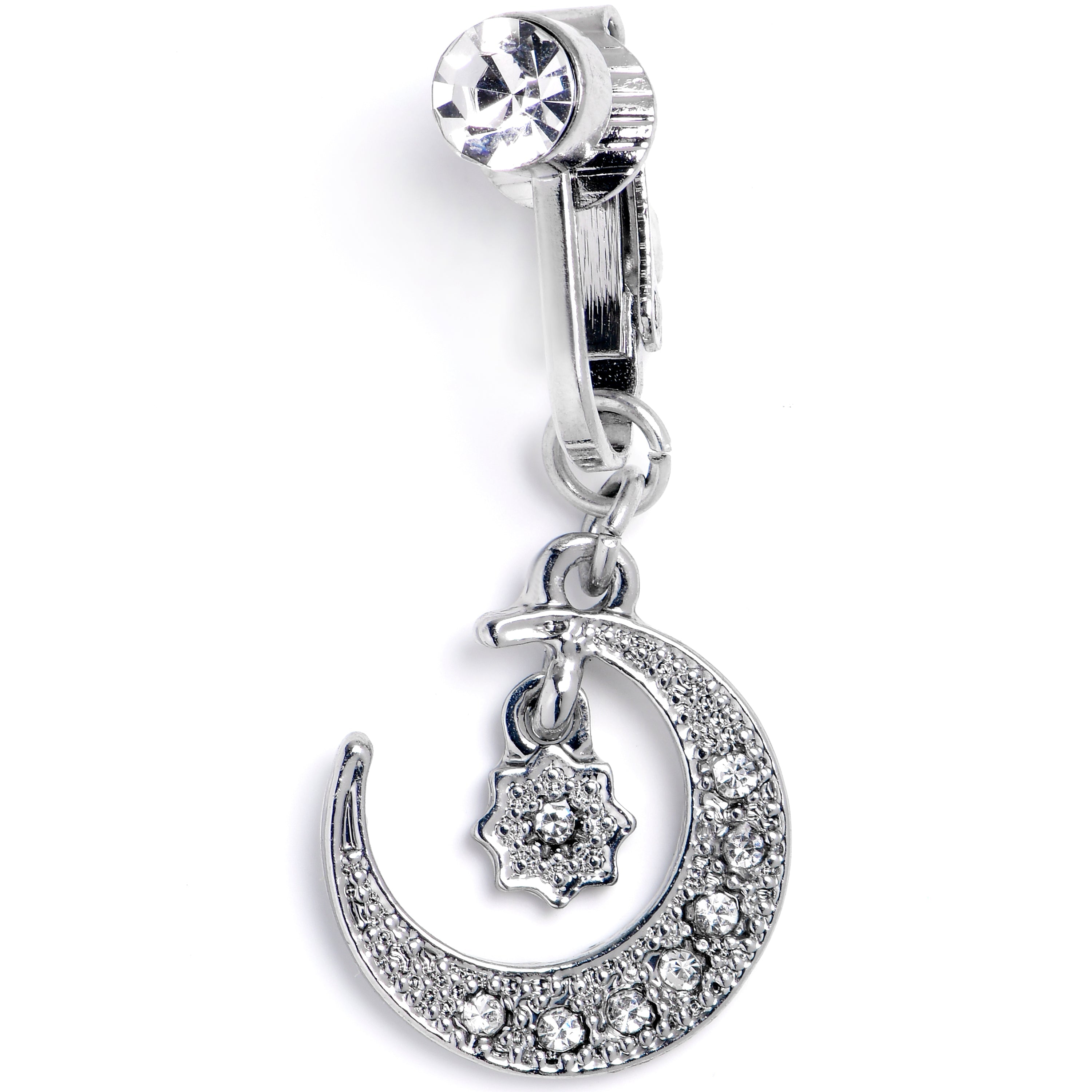 BodyCandy Clear CZ Gem Moon and Star Dangle Clip on Fake Belly Ring — main product shot