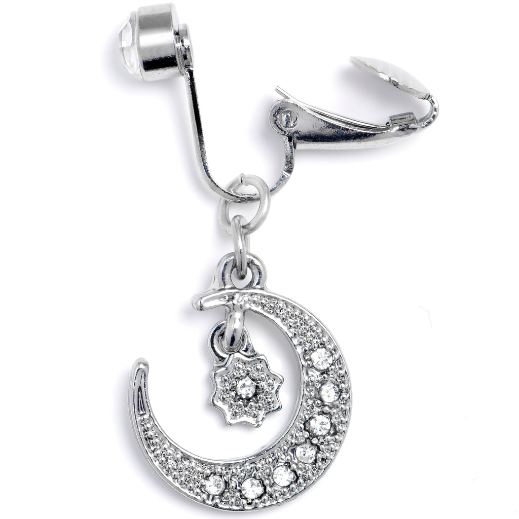 BodyCandy Clear CZ Gem Moon and Star Dangle Clip on Fake Belly Ring — detail close-up