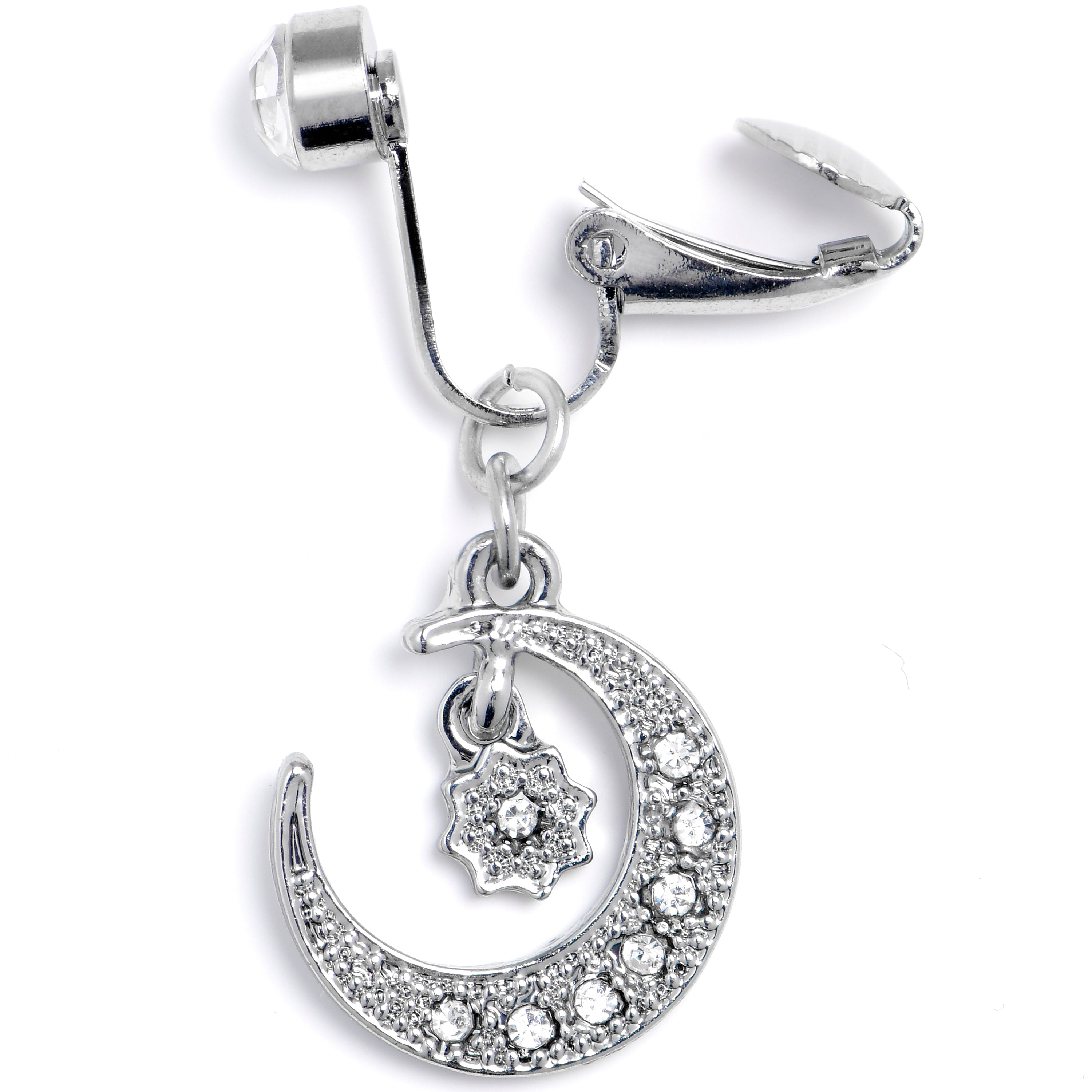 BodyCandy Clear CZ Gem Moon and Star Dangle Clip on Fake Belly Ring — detail close-up