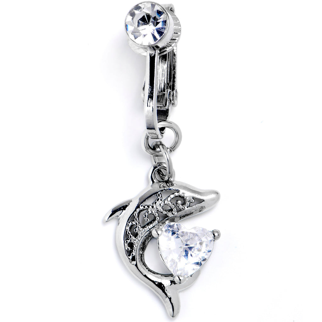 BodyCandy Clear CZ Gem Dolphin Glam Dangle Clip on Fake Belly Ring — main product shot