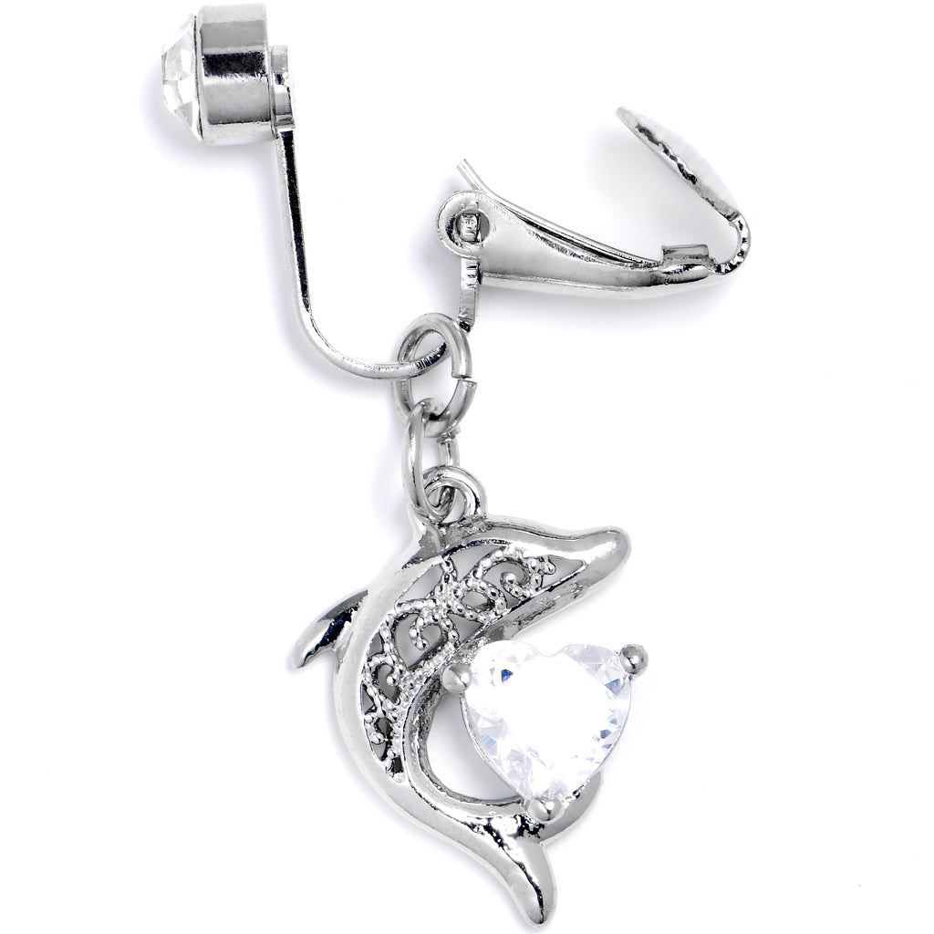 BodyCandy Clear CZ Gem Dolphin Glam Dangle Clip on Fake Belly Ring — detail close-up