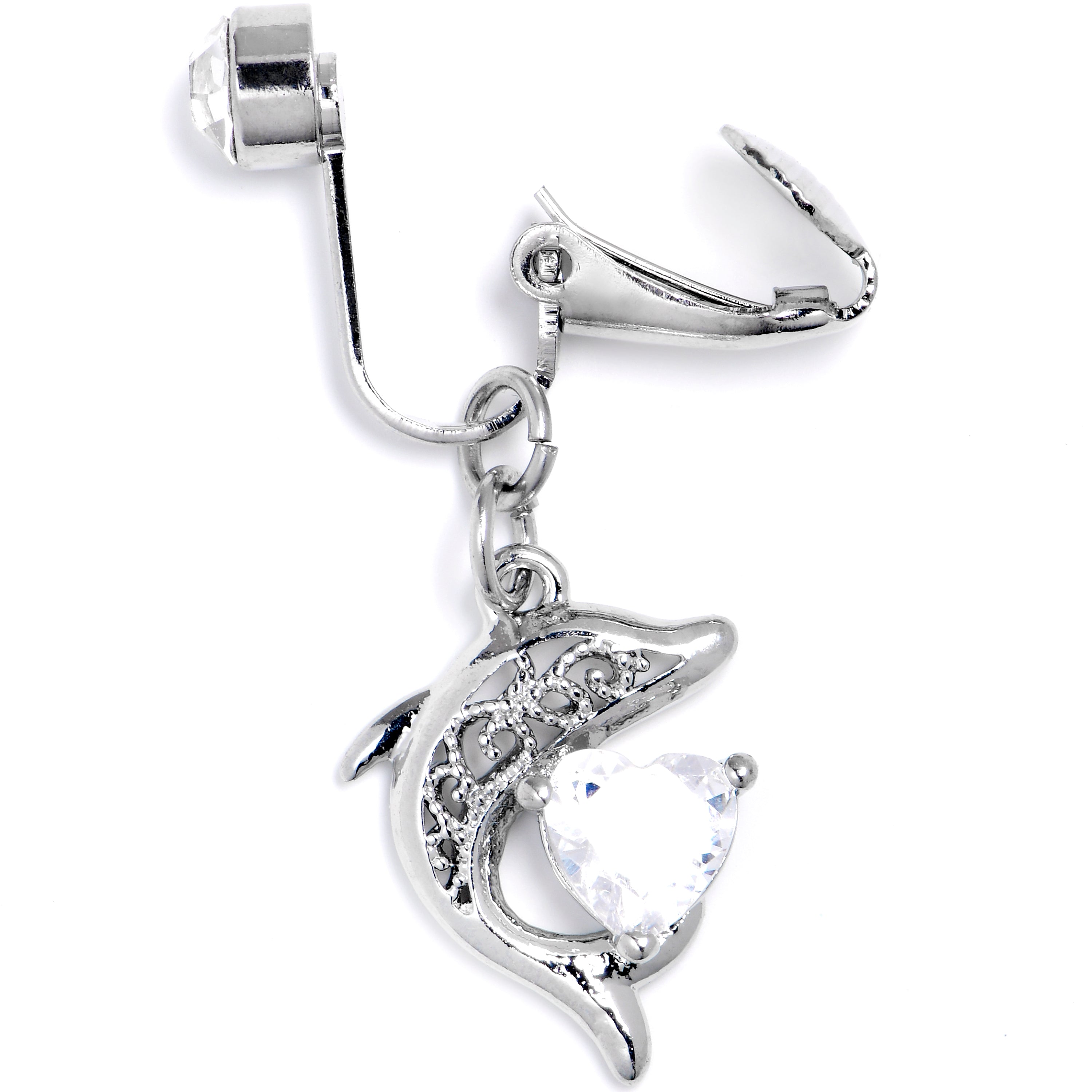 BodyCandy Clear CZ Gem Dolphin Glam Dangle Clip on Fake Belly Ring — detail close-up