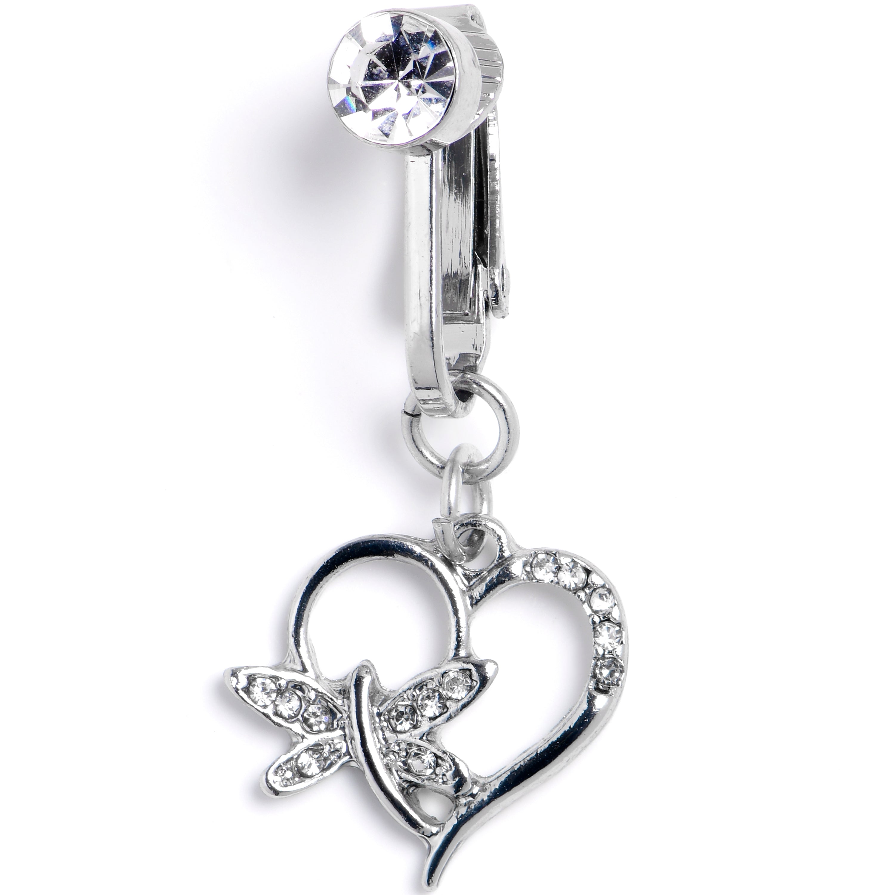 BodyCandy Clear CZ Gem Heart Dragonfly Love Dangle Clip on Fake Belly Ring — main product shot