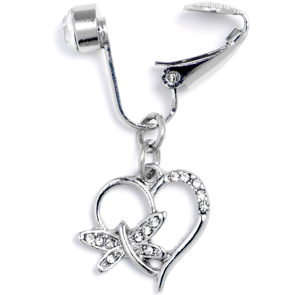 BodyCandy Clear CZ Gem Heart Dragonfly Love Dangle Clip on Fake Belly Ring — detail close-up