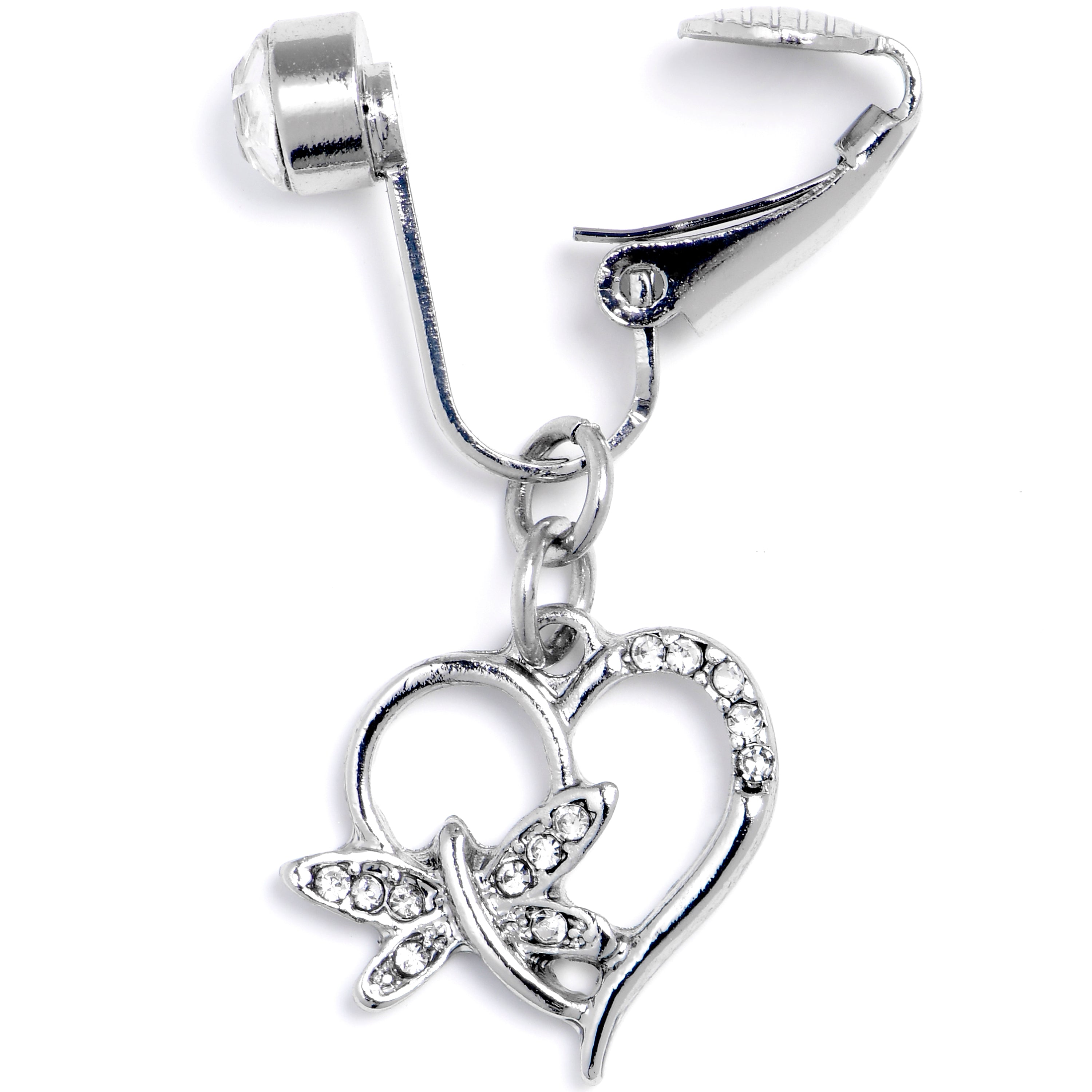 BodyCandy Clear CZ Gem Heart Dragonfly Love Dangle Clip on Fake Belly Ring — detail close-up