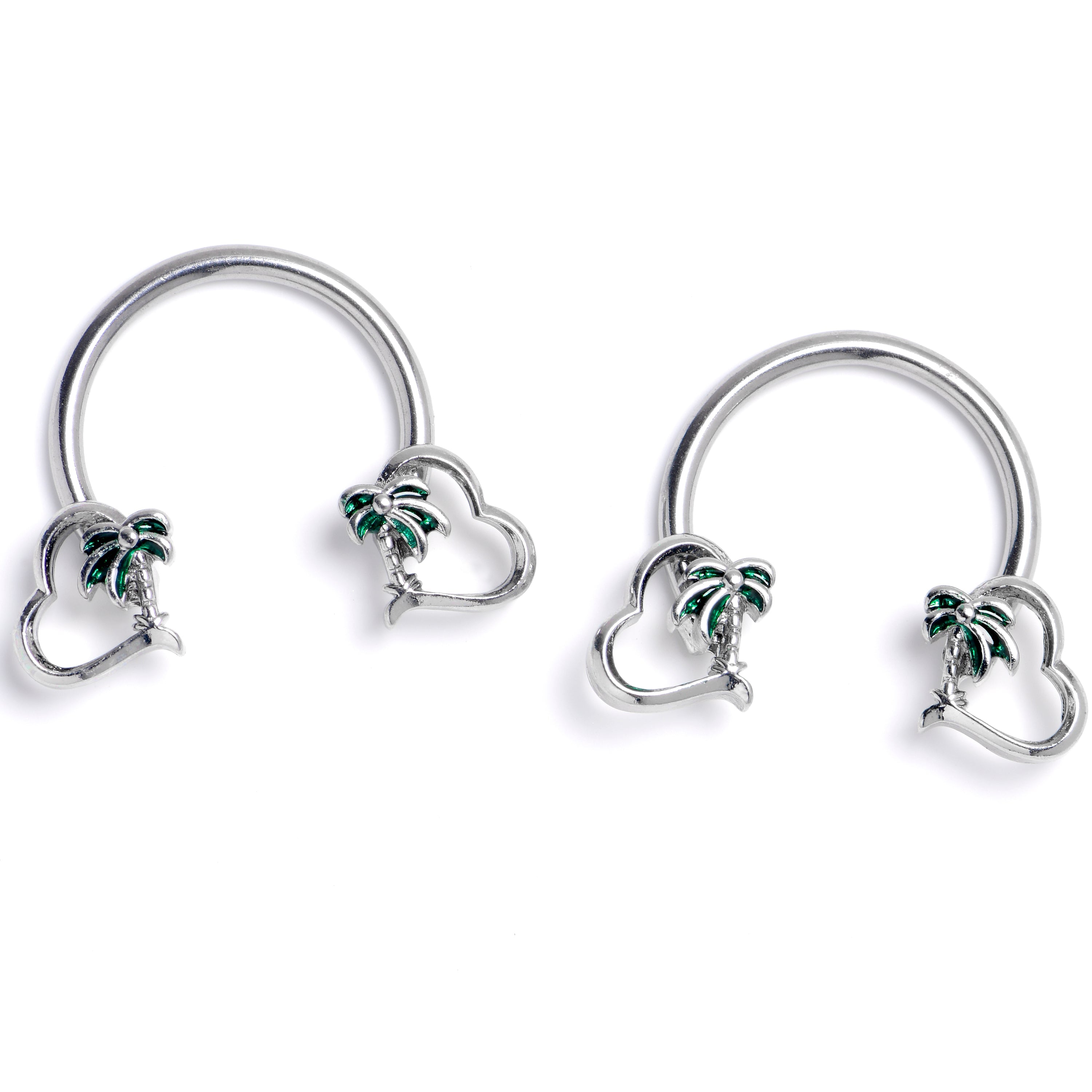 BodyCandy 14G 9/16 Palm Tree Love Horseshoe Nipple Ring Set — main product shot