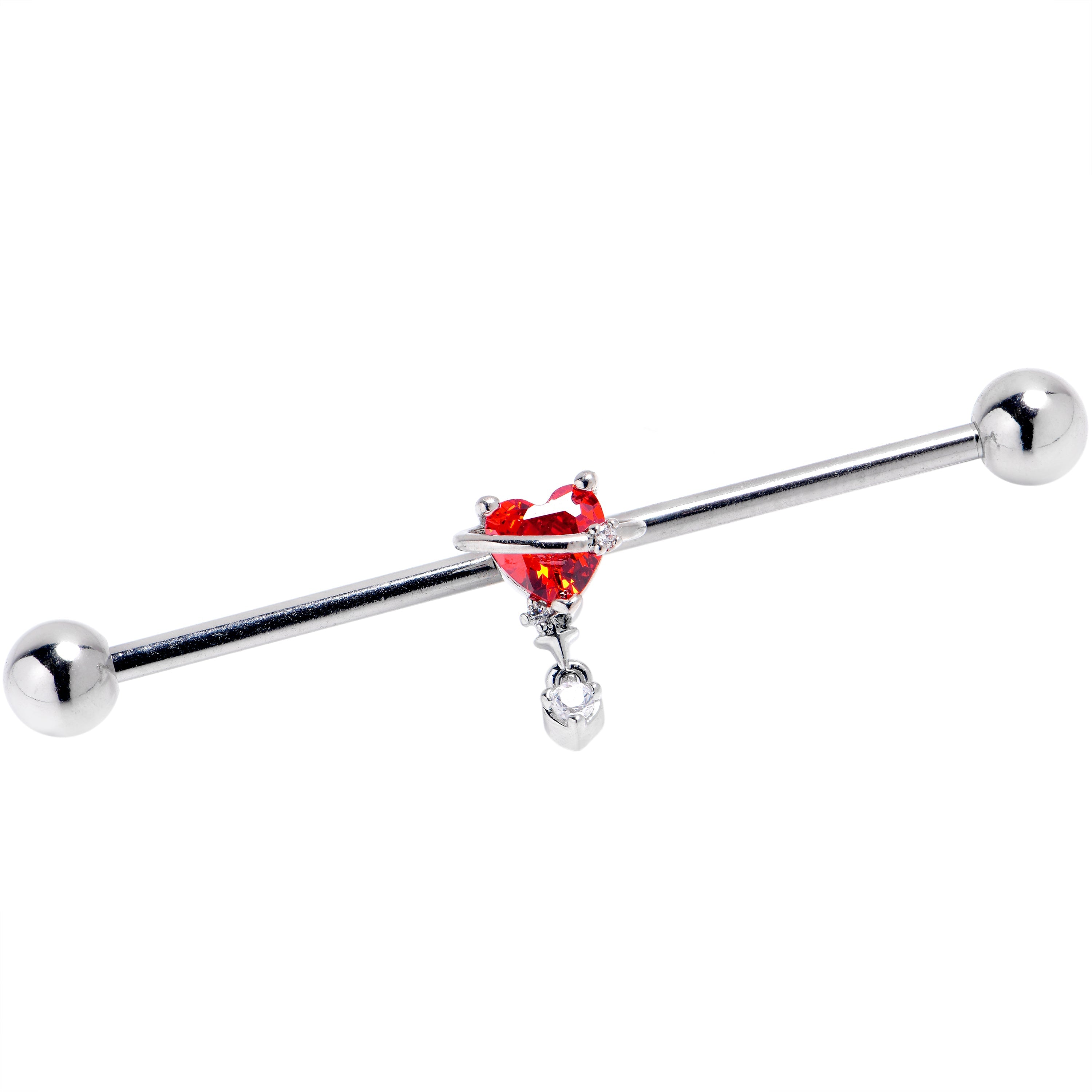 BodyCandy 14G Red Clear Gem Saturn Heart Dangle Industrial Barbell 38mm — main product shot