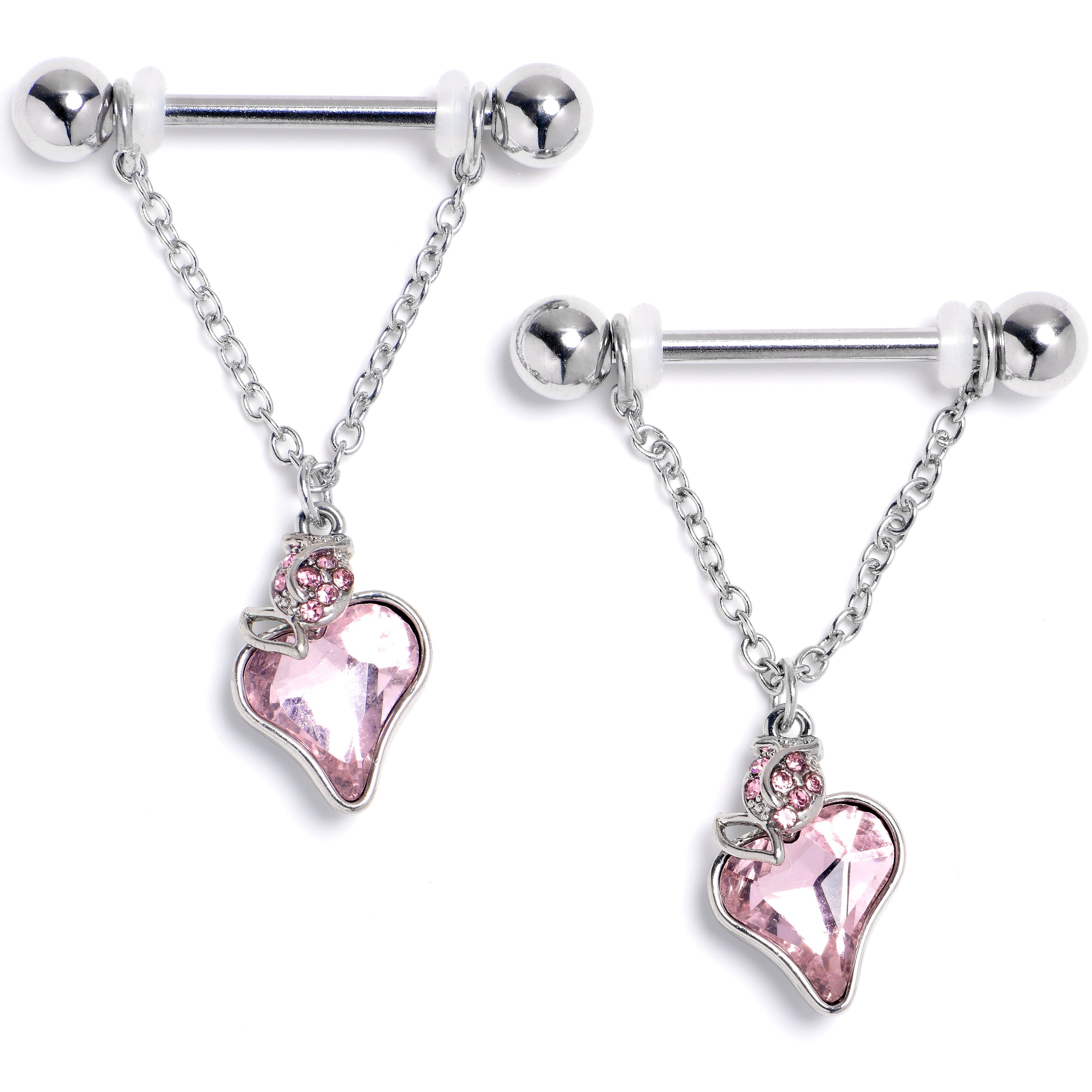 BodyCandy 14G 9/16 Pink Gem Strawberry Love Chain Dangle Nipple Ring Set — main product shot