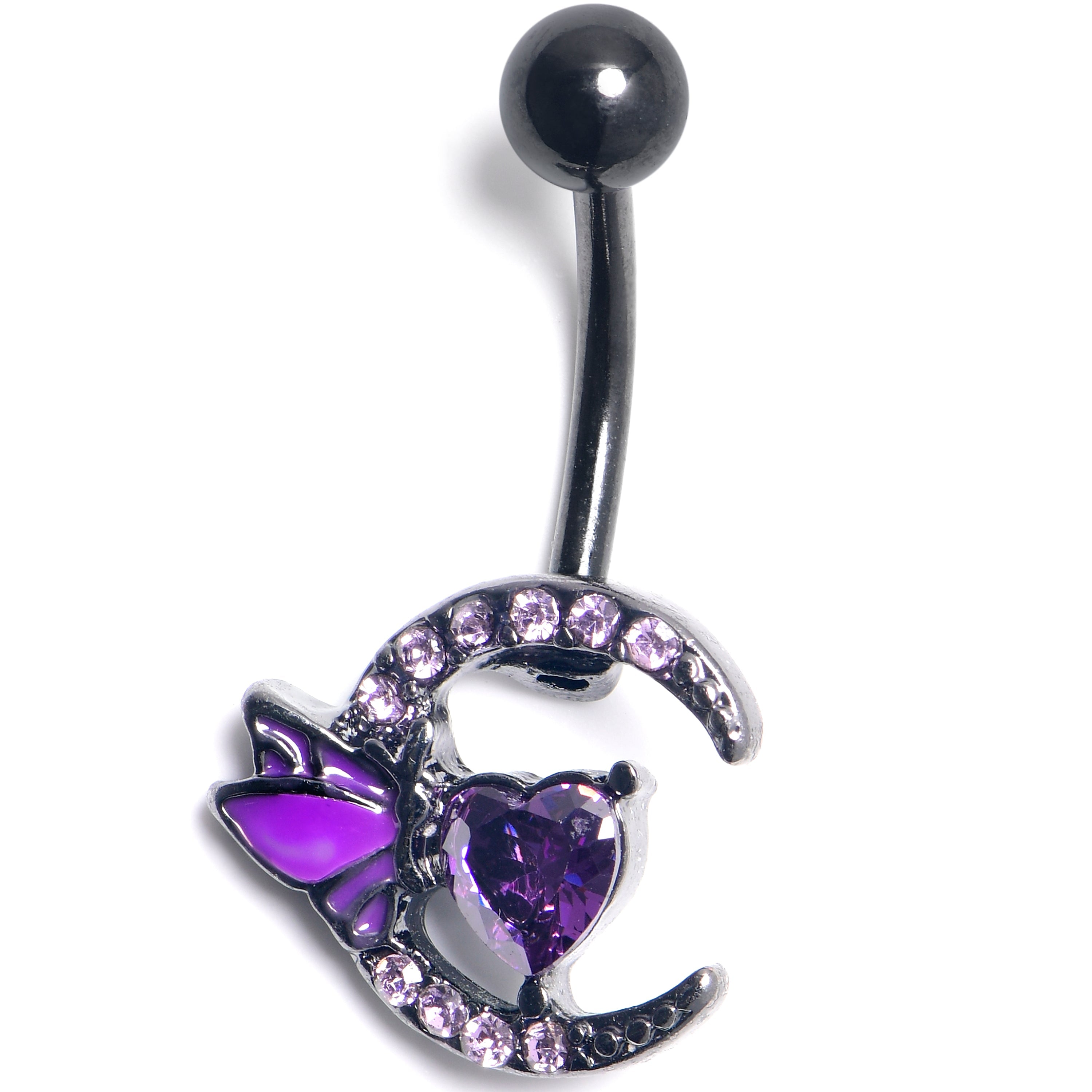BodyCandy Purple Gem Black Butterfly Moon Heart Belly Ring — main product shot