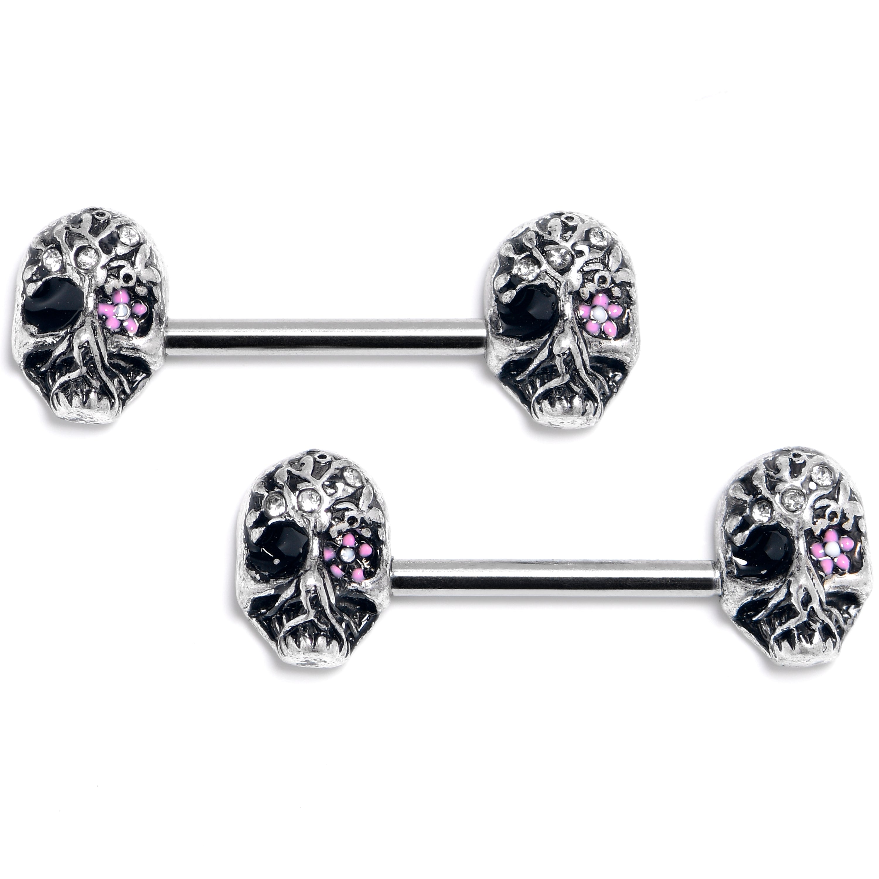 BodyCandy 14G 9/16 Clear Gem Stylish Skull Barbell Nipple Ring Set — main product shot